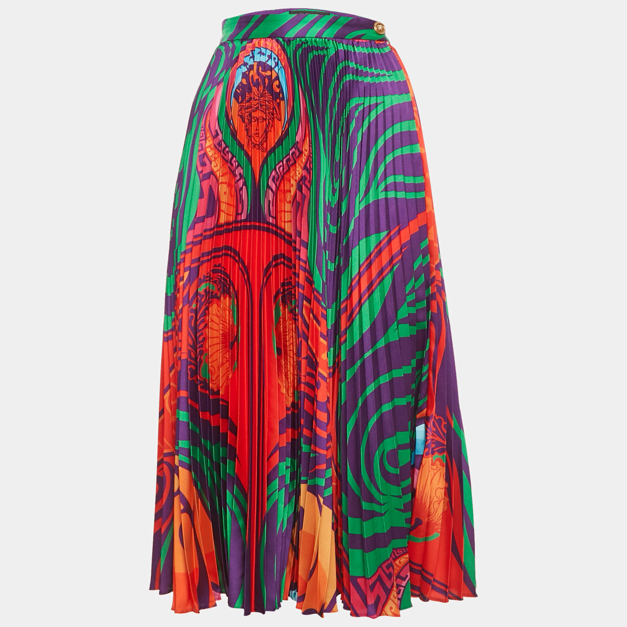Pre Owned Versace Multicolor Printed Plisse Midi Dress M