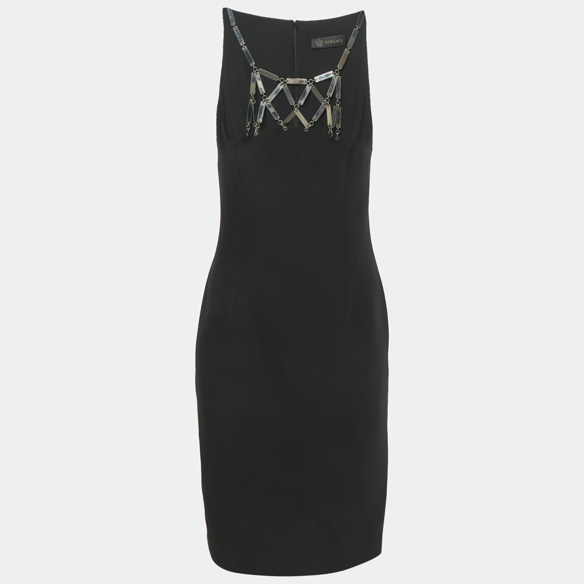 Pre Owned Versace Black Silk Metal Detail Short Dress S