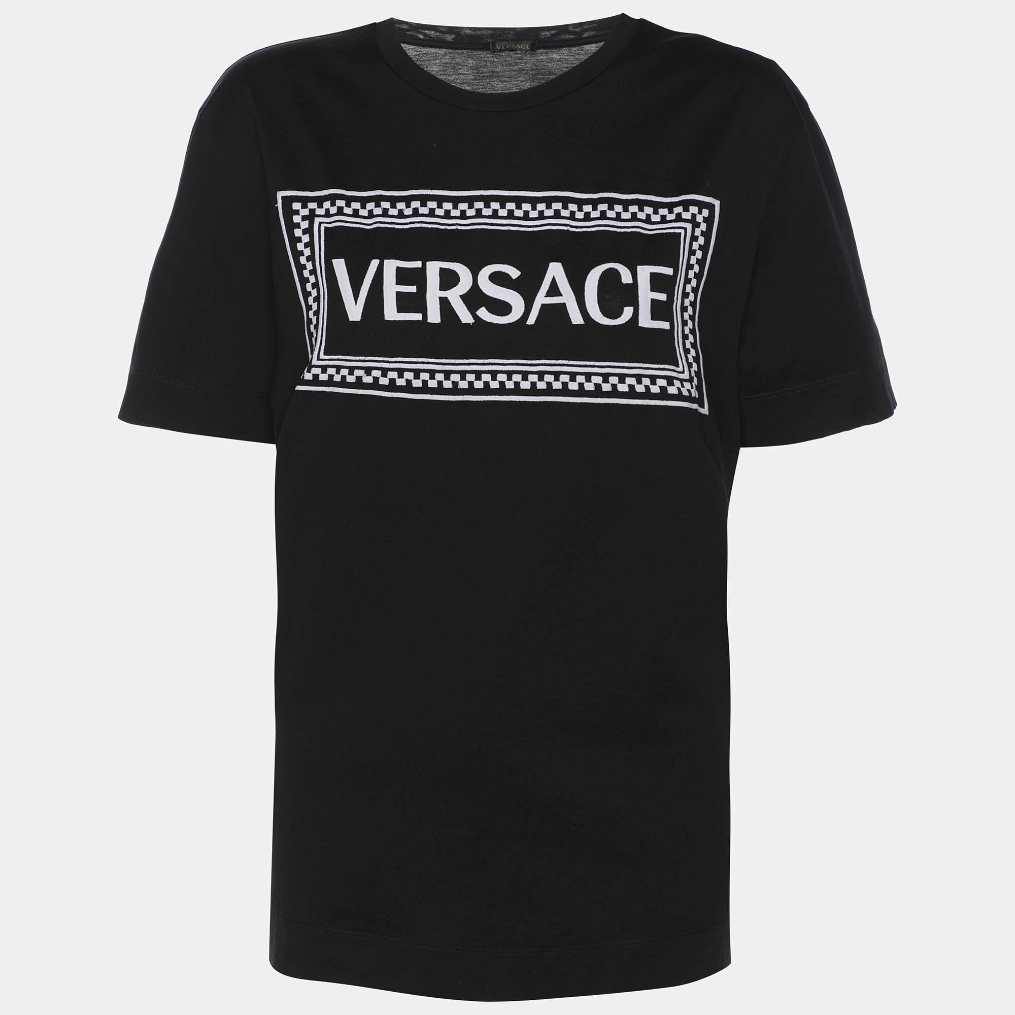 Pre Owned Versace Black Logo Embroidery Cotton Crew Neck T-Shirt M