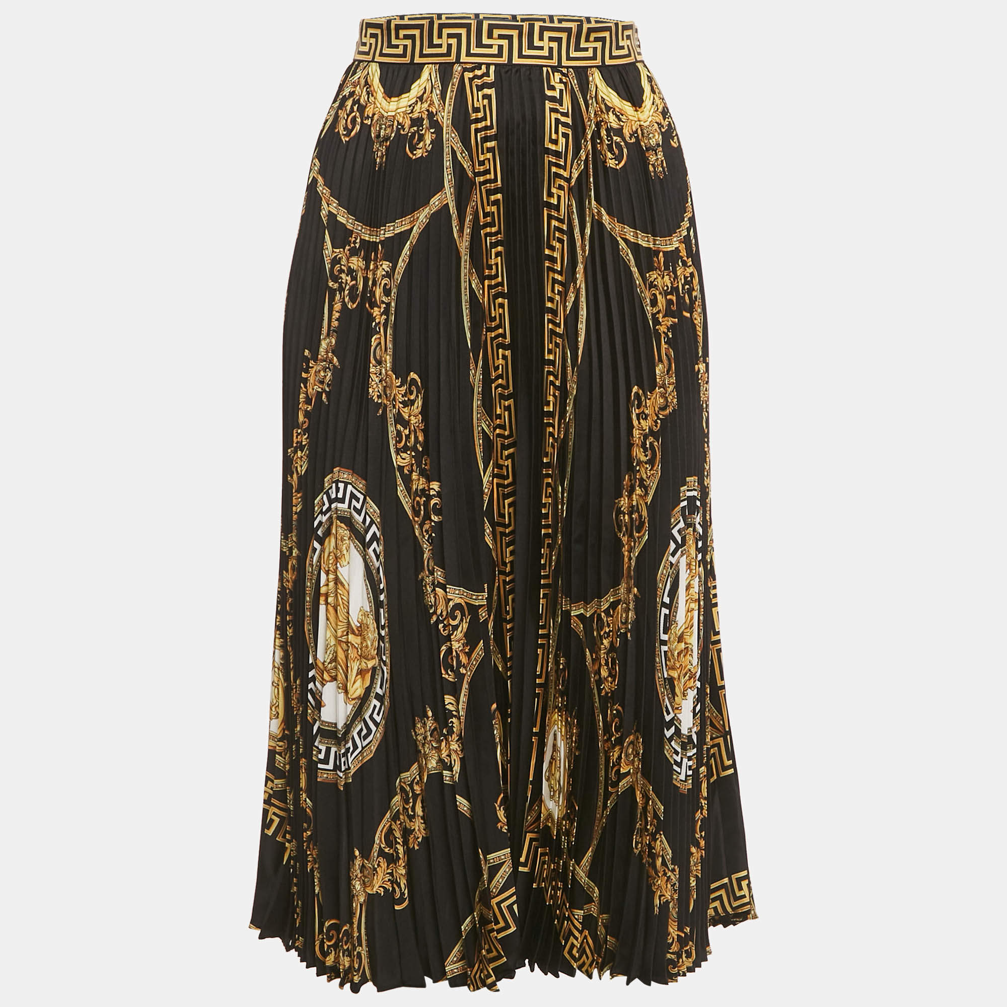 Pre Owned Versace Black La Coupe des Dieux Print Silk Pleated Midi Skirt M