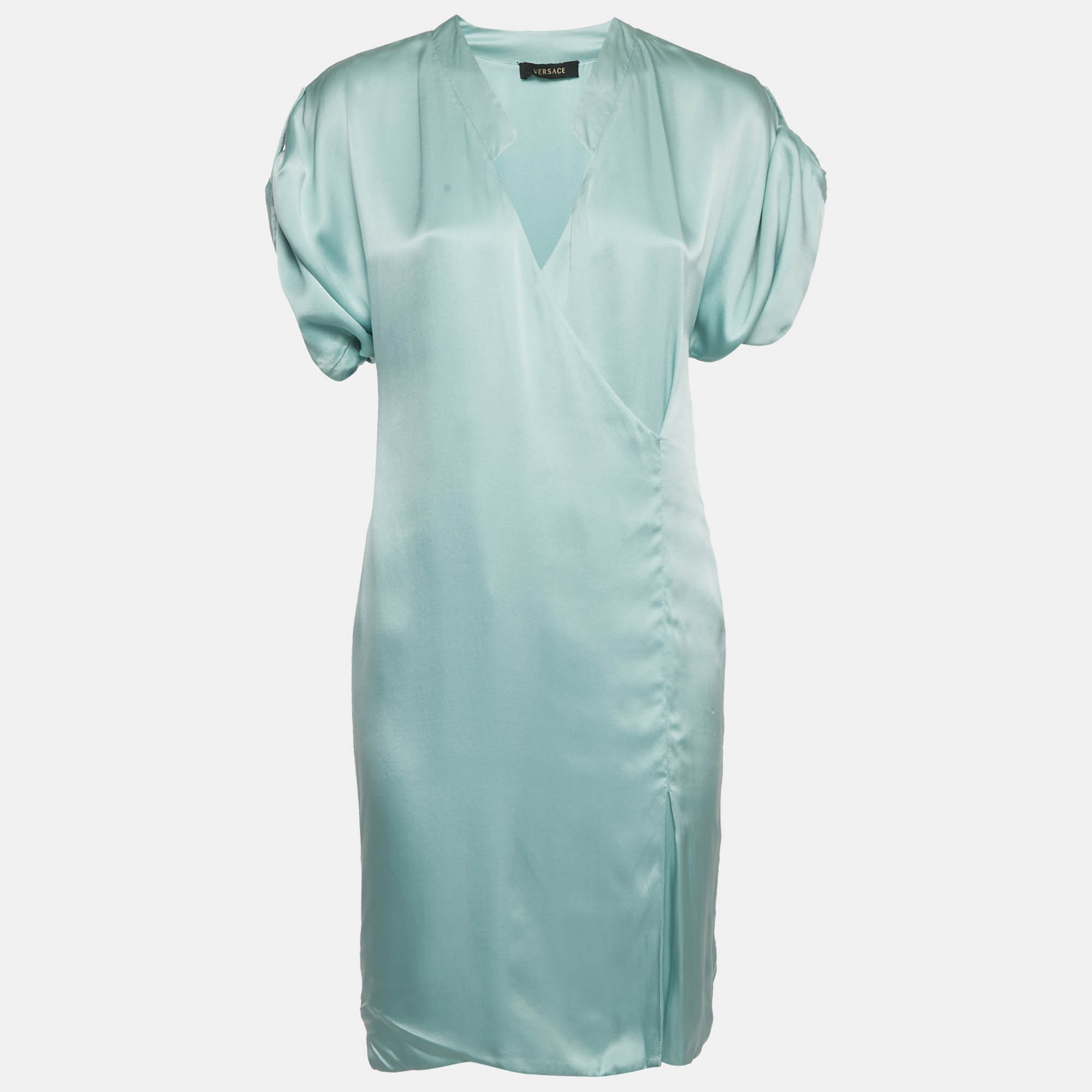 Pre Owned Versace Mint Green Satin V-Neck Short Dress S