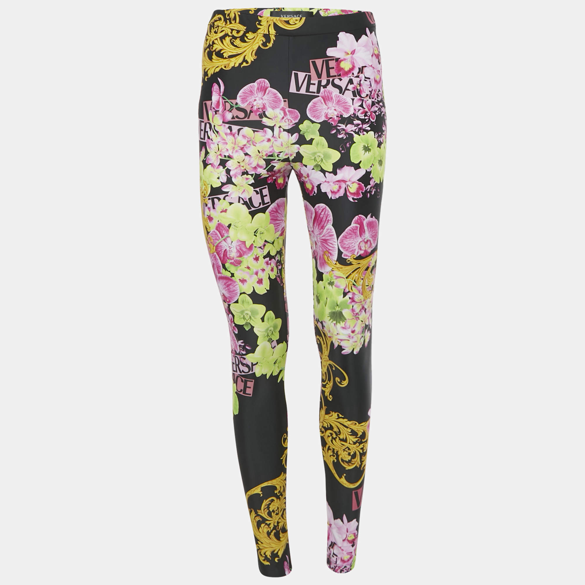 Pre Owned Versace Black Printed Jersey Leggings M 