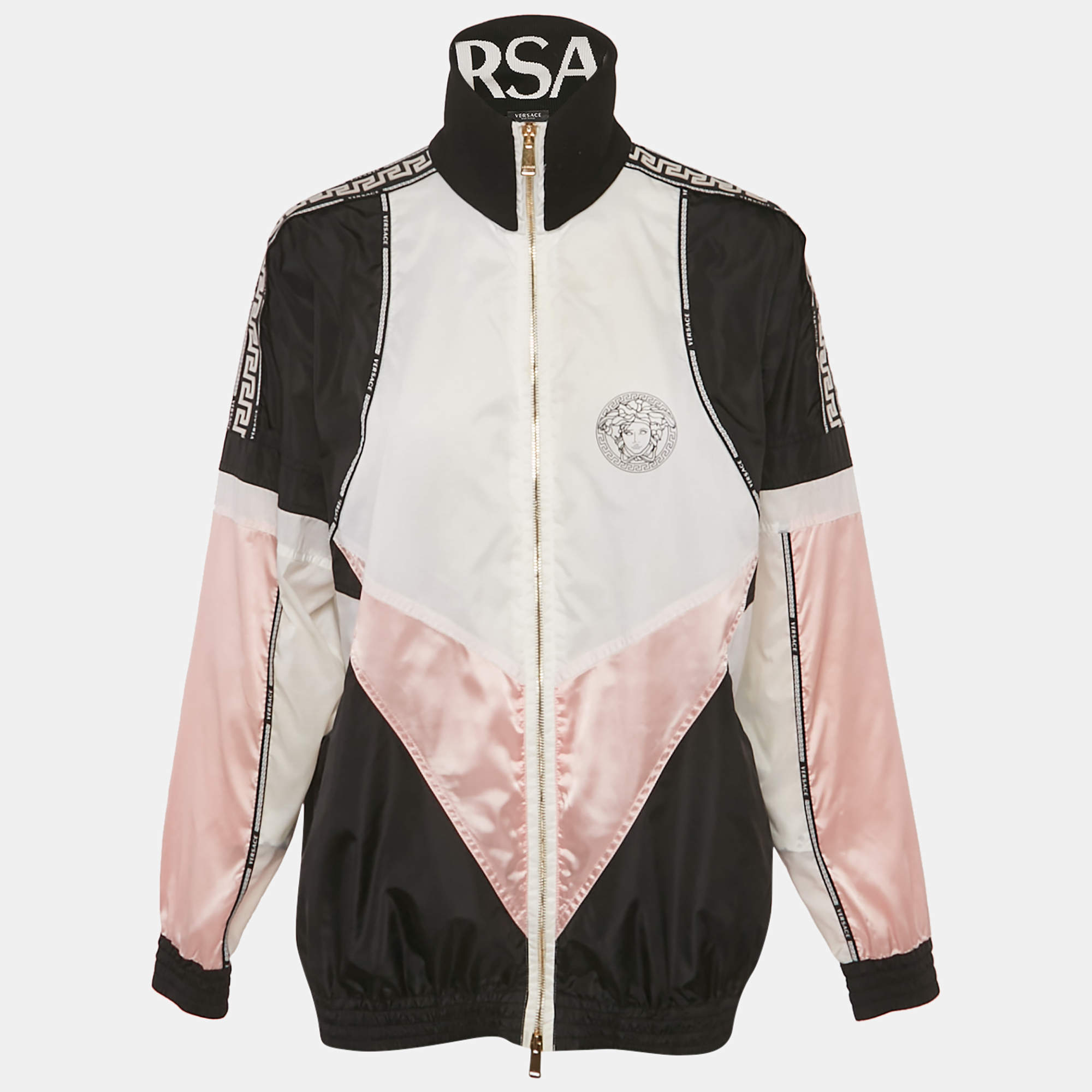 Pre Owned Versace Black/White Paneled Nylon Bomber Jacket S