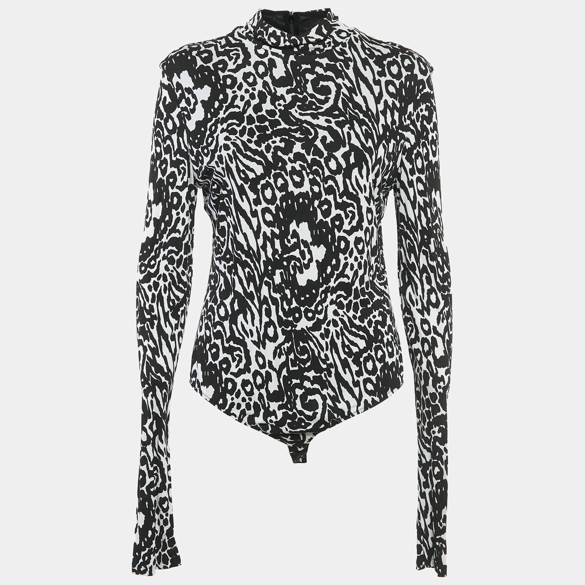 مملوكة مسبقًا Versace Black/White Printed Jersey Bodysuit L