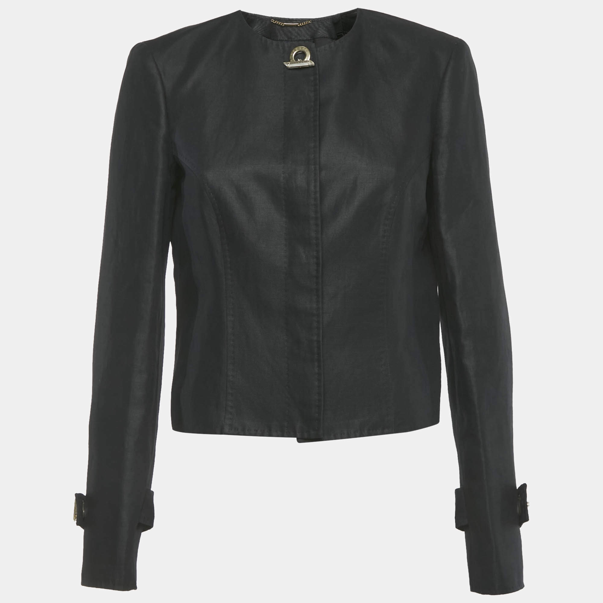 Pre Owned جاكيت زري أمامي قطن مزيج أسود من فيرساتشي مقاس متوسط - ميديم