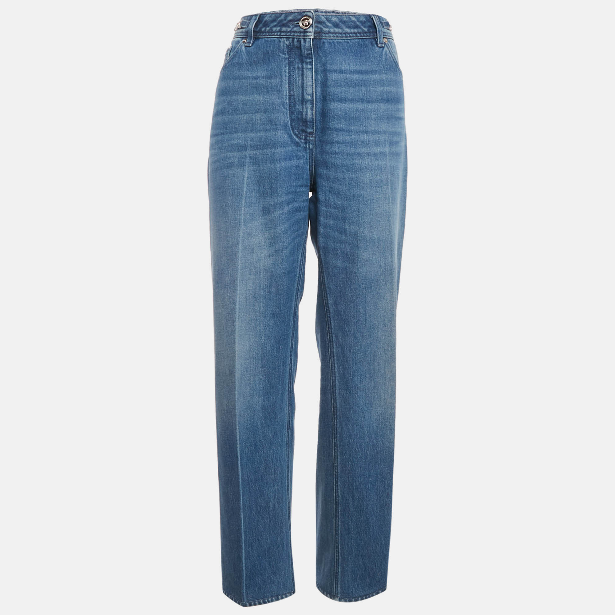 مملوكة مسبقًا بنطلون جينز مستقيم الساق فيرساتشي دنيم مغسول أزرق عالي الخصر مقاس وسط ميديوم 30"