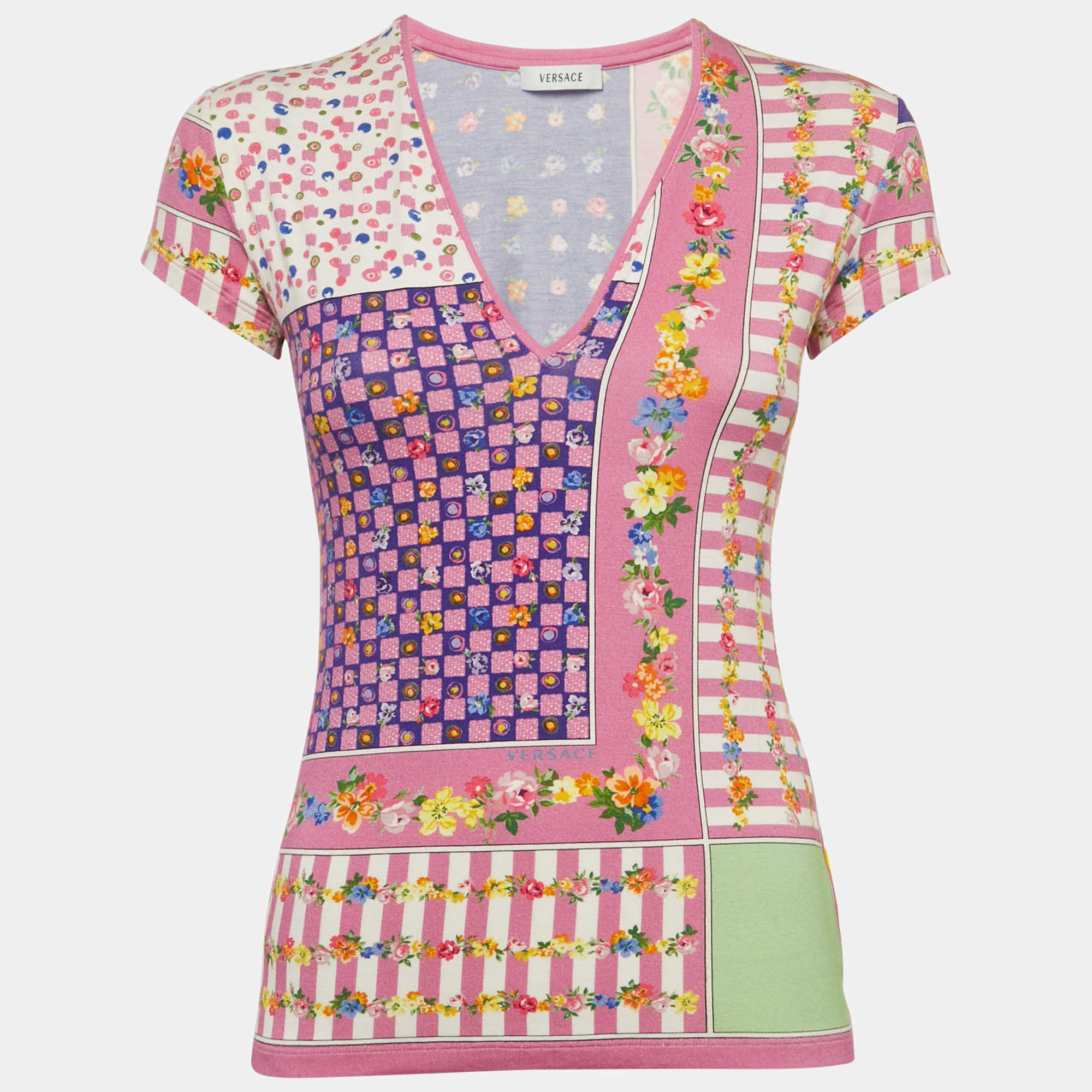 مملوكة مسبقًا Versace Pink Printed Jersey V Neck T-Shirt S 
