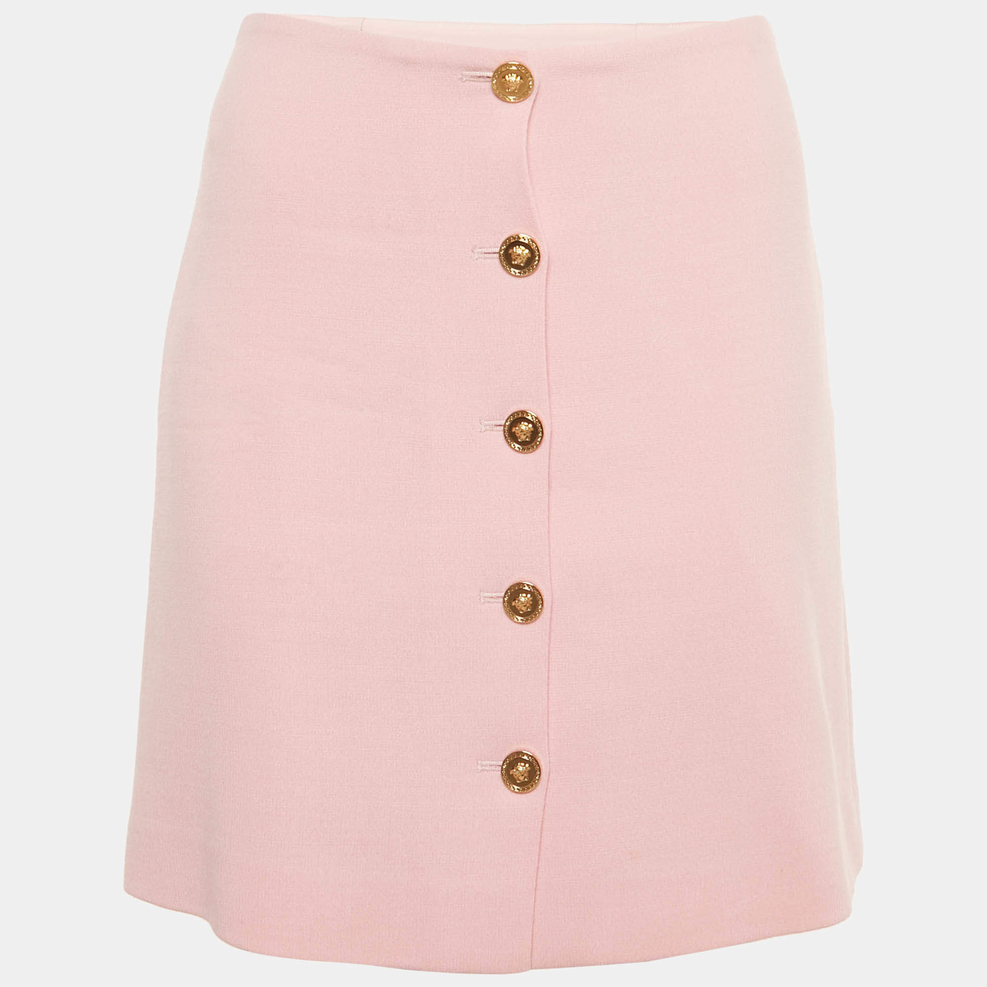 Pre Owned Versace Pink Wool Medusa Button Mini Skirt S