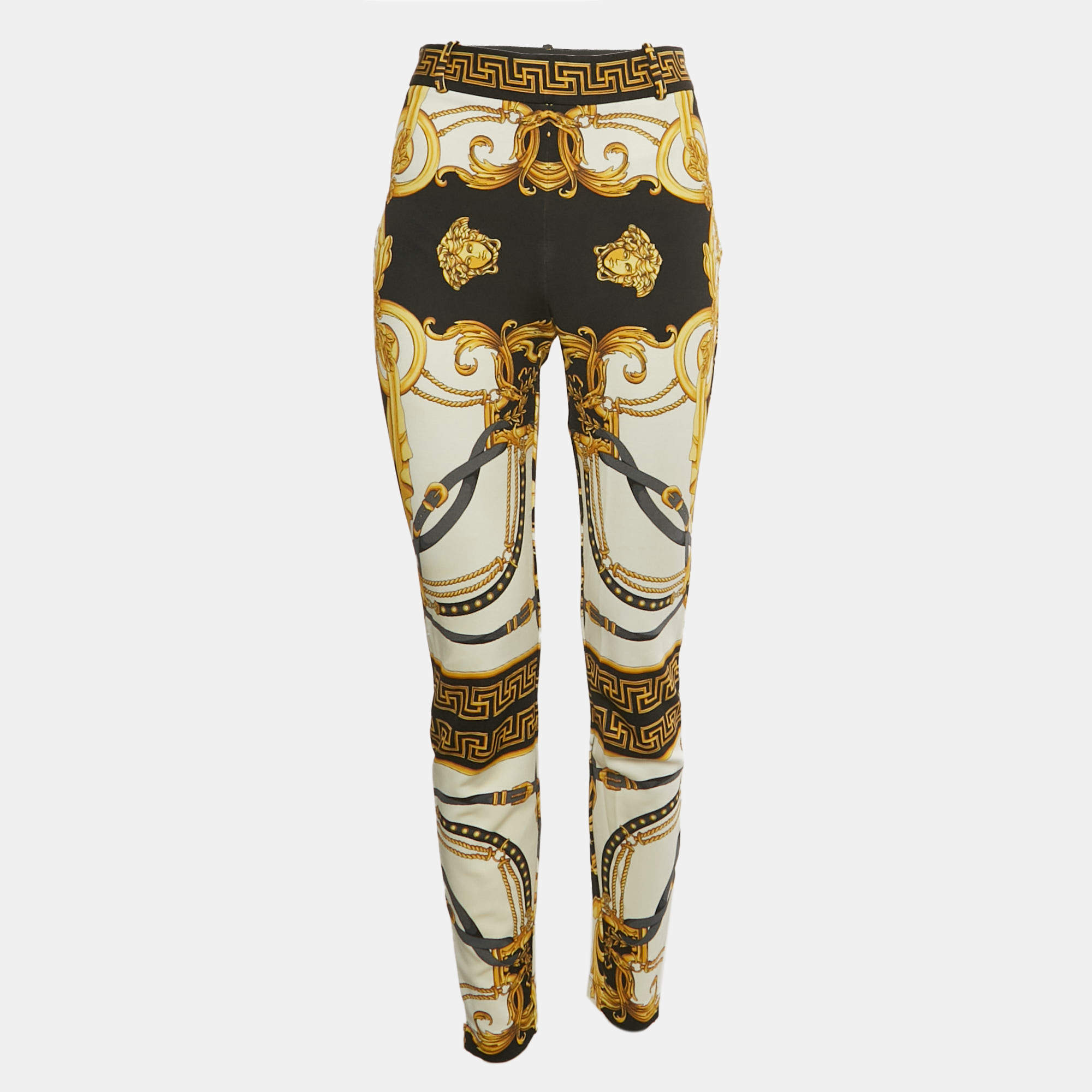 Pre Owned Versace White/Yellow Rodeo Barocco Print Jersey Leggings L