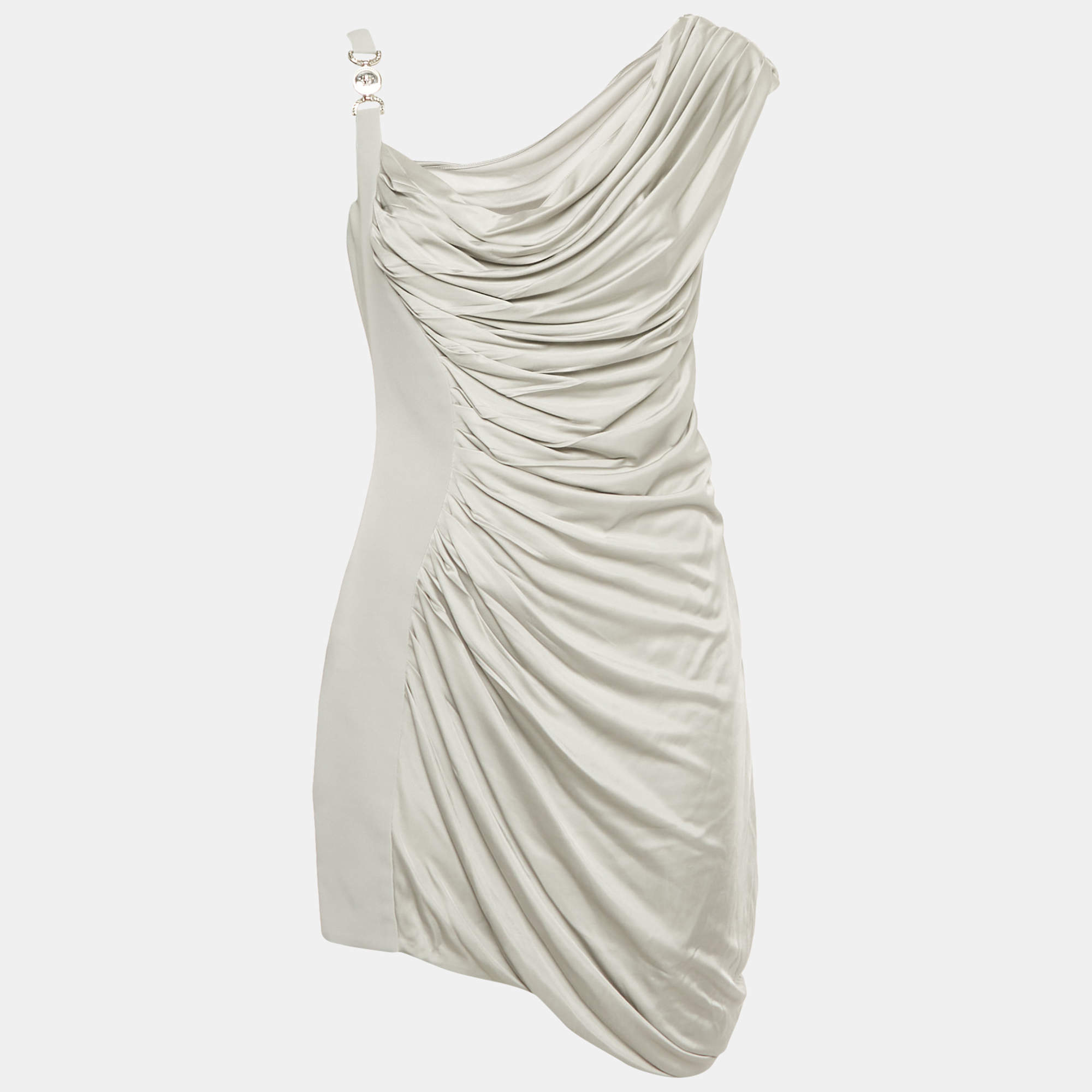 Pre Owned Versace Grey Crepe & Satin Draped Sleeveless Mini Dress M