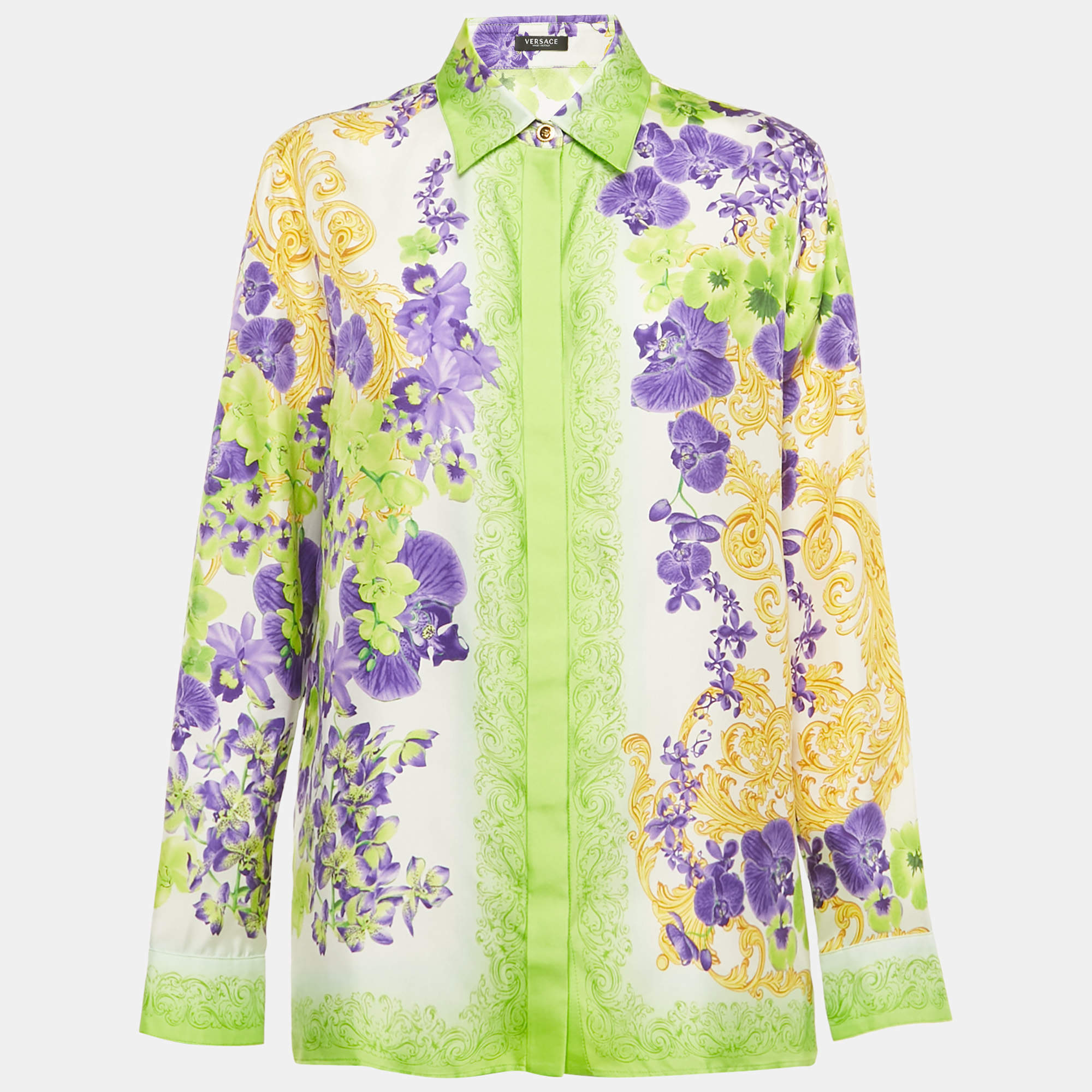 Pre Owned Versace Green Medusa Orchid Print Silk Shirt M