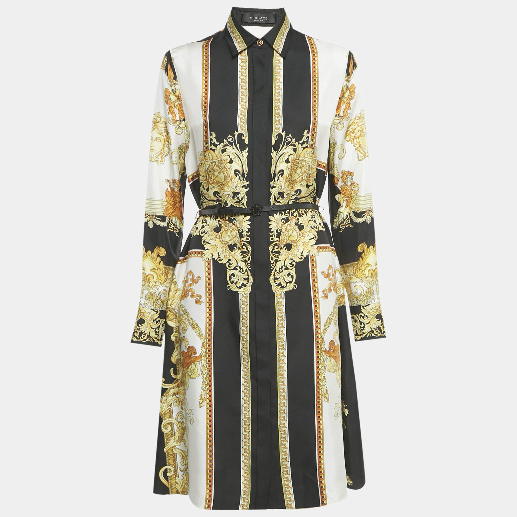 Pre Owned Versace Black/Yellow Barocco Print Silk Belted Shirt Dress S