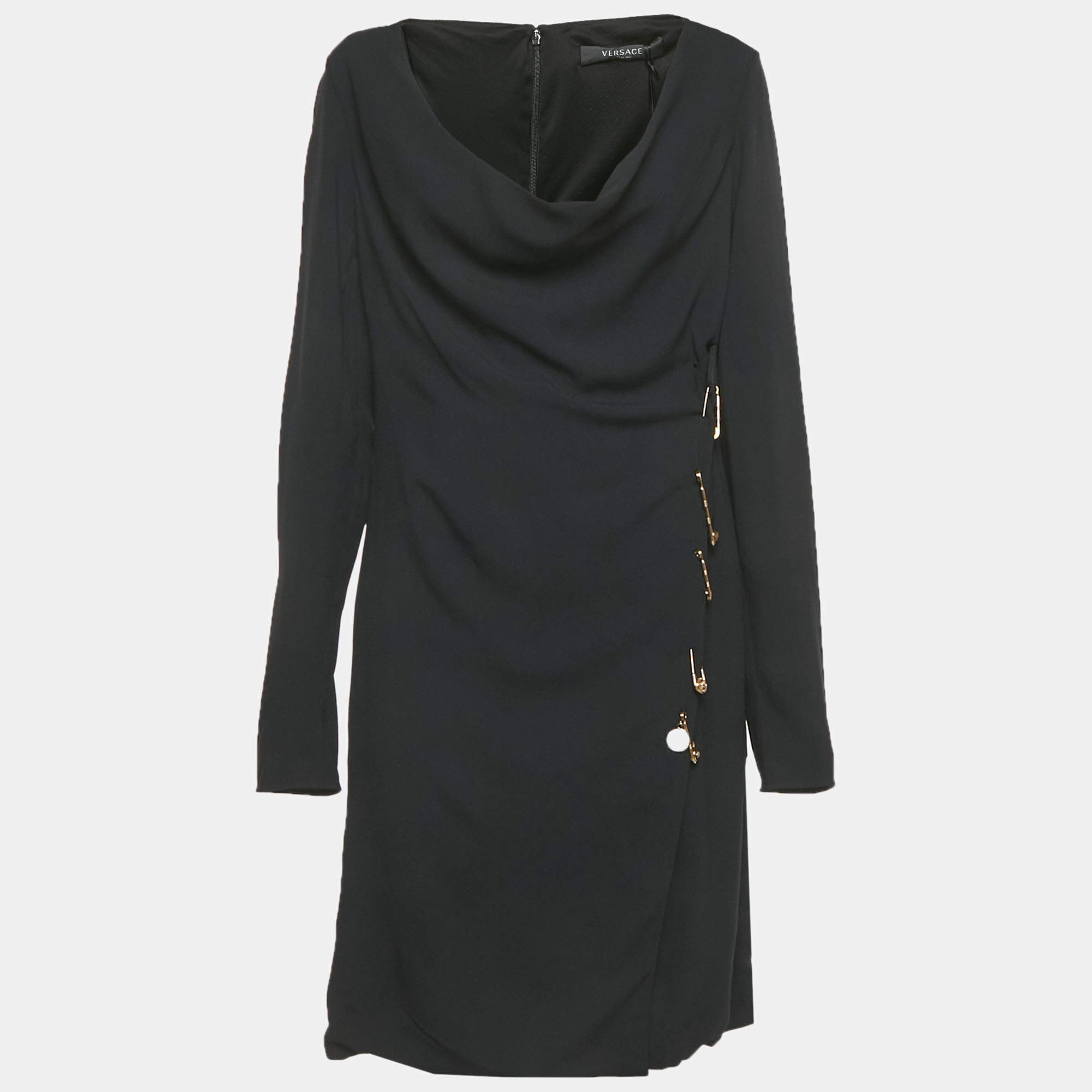 Pre Owned Versace Black Crepe Medusa Pin Detail Short Dress M