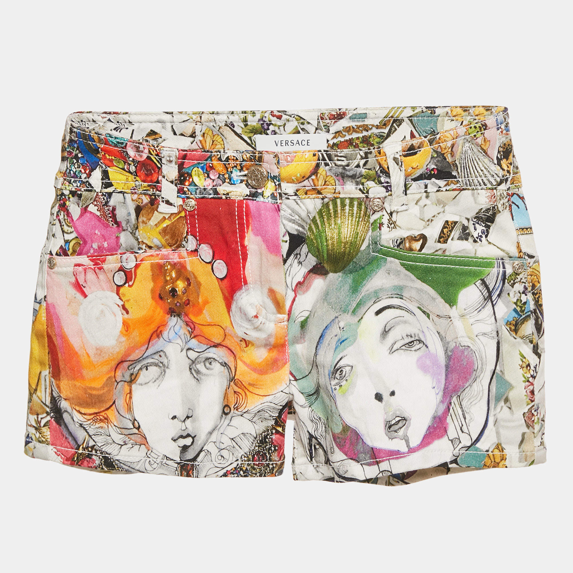 Pre Owned Versace Multicolor Printed Denim Shorts S/Waist 24"