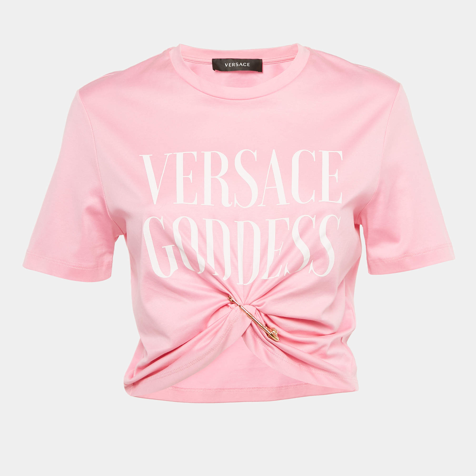 Pre Owned Versace Pink Goddess Print Cotton Knotted Crop Top S
