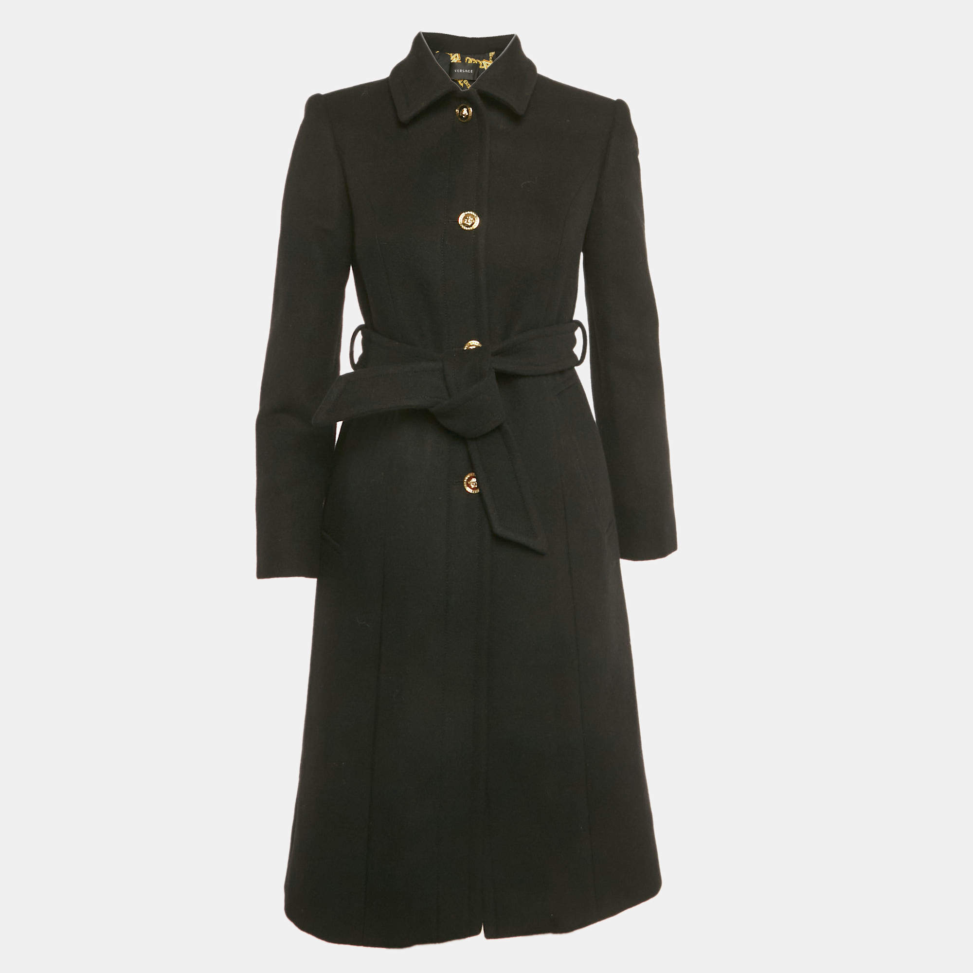 Pre Owned Versace Black Wool Felt Belted Midi Coat XS