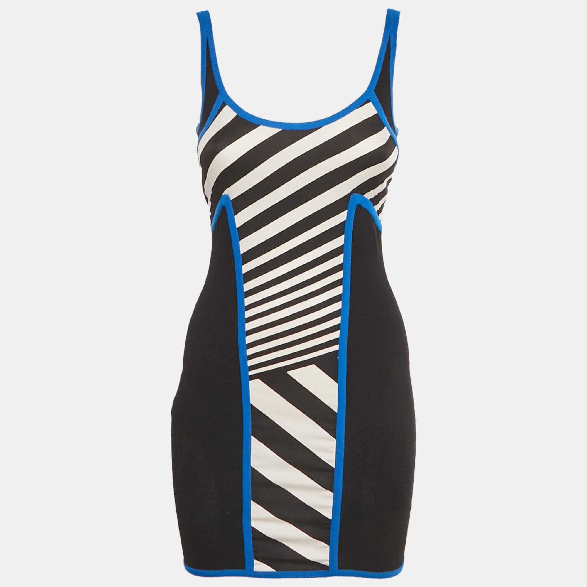 مملوكة مسبقًا فستان فرساتشي أسود محيك وحرير مخطط تفاصيل بلا أكمام ضيق قصير صغير