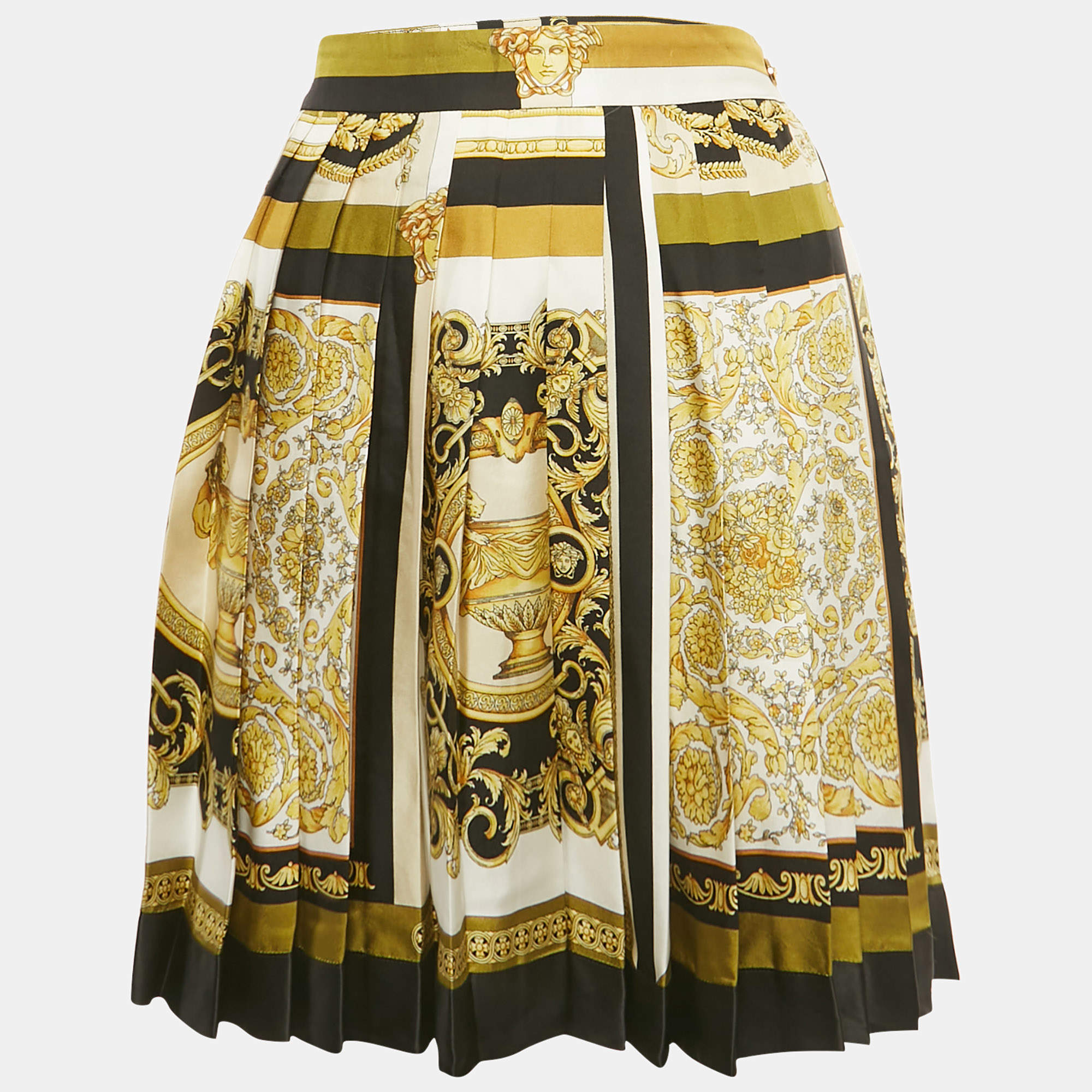 Pre Owned Versace Yellow/Black Barocco Print Silk Pleated Mini Skirt S