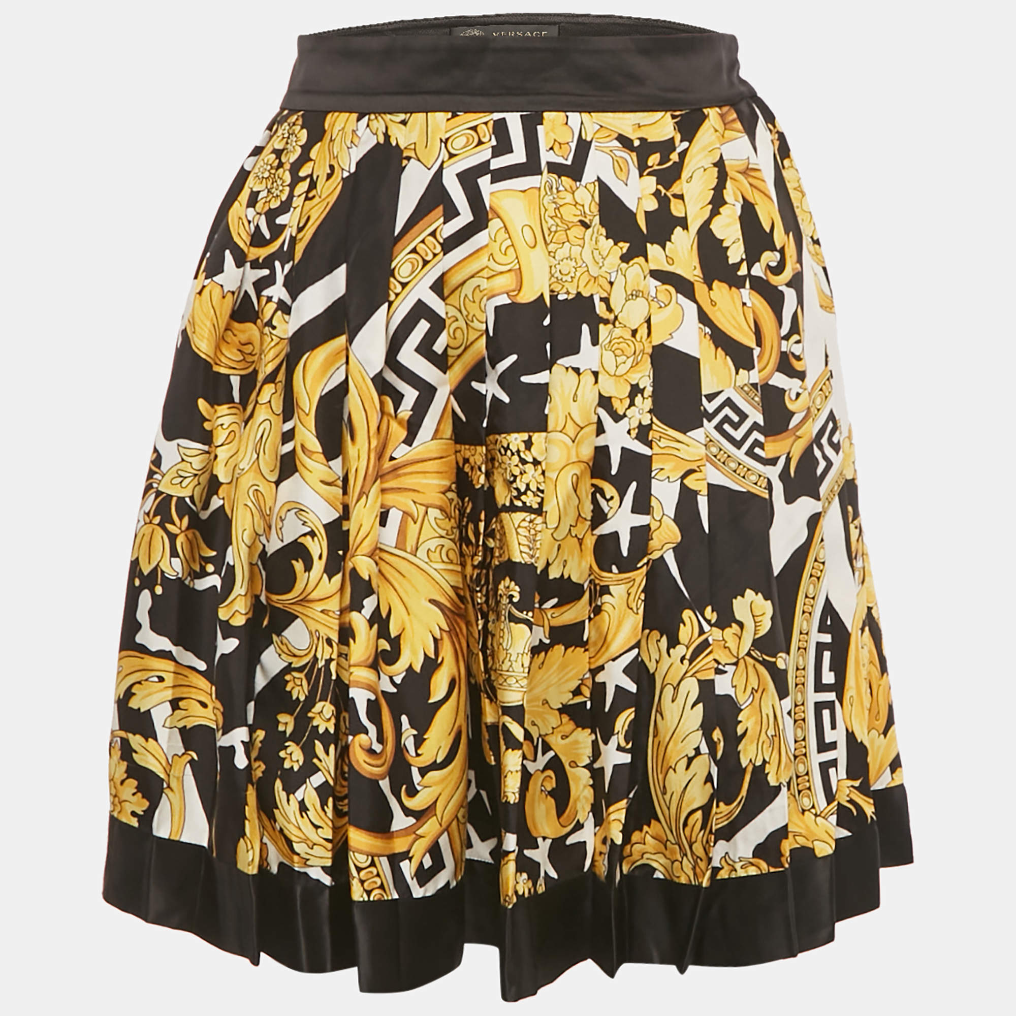 Pre Owned Versace Black/Yellow Barocco Print Pleated Mini Skirt S