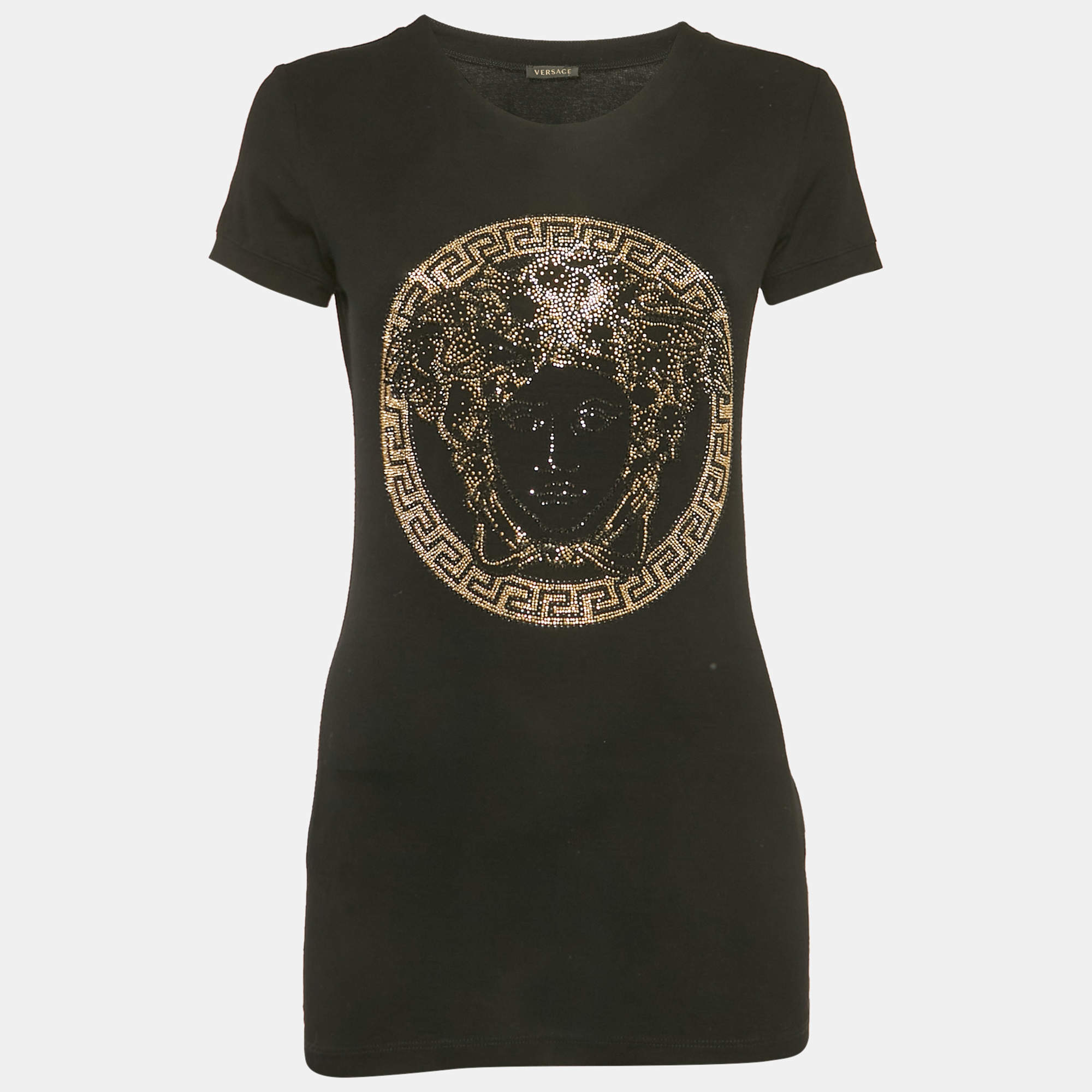 Pre Owned Versace Black Medusa Rhinestone Jersey T-Shirt M