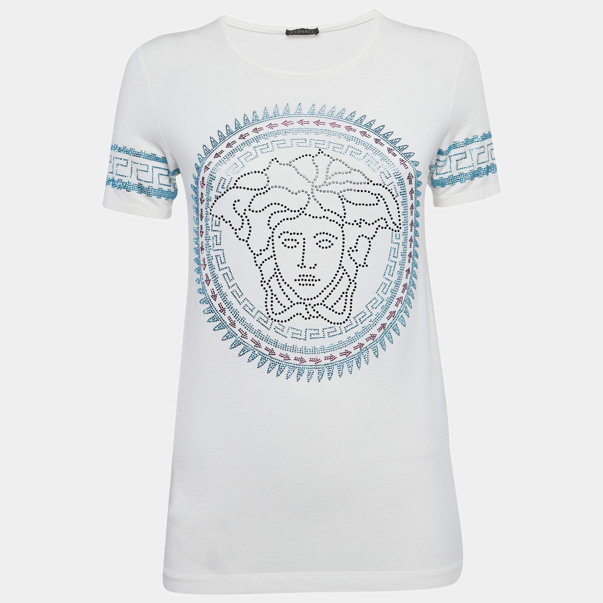 مملوكة مسبقًا تي شيرت فيرساتشي جيرسي مزين رأس ميدوسا أبيض مقاس صغير - سمول