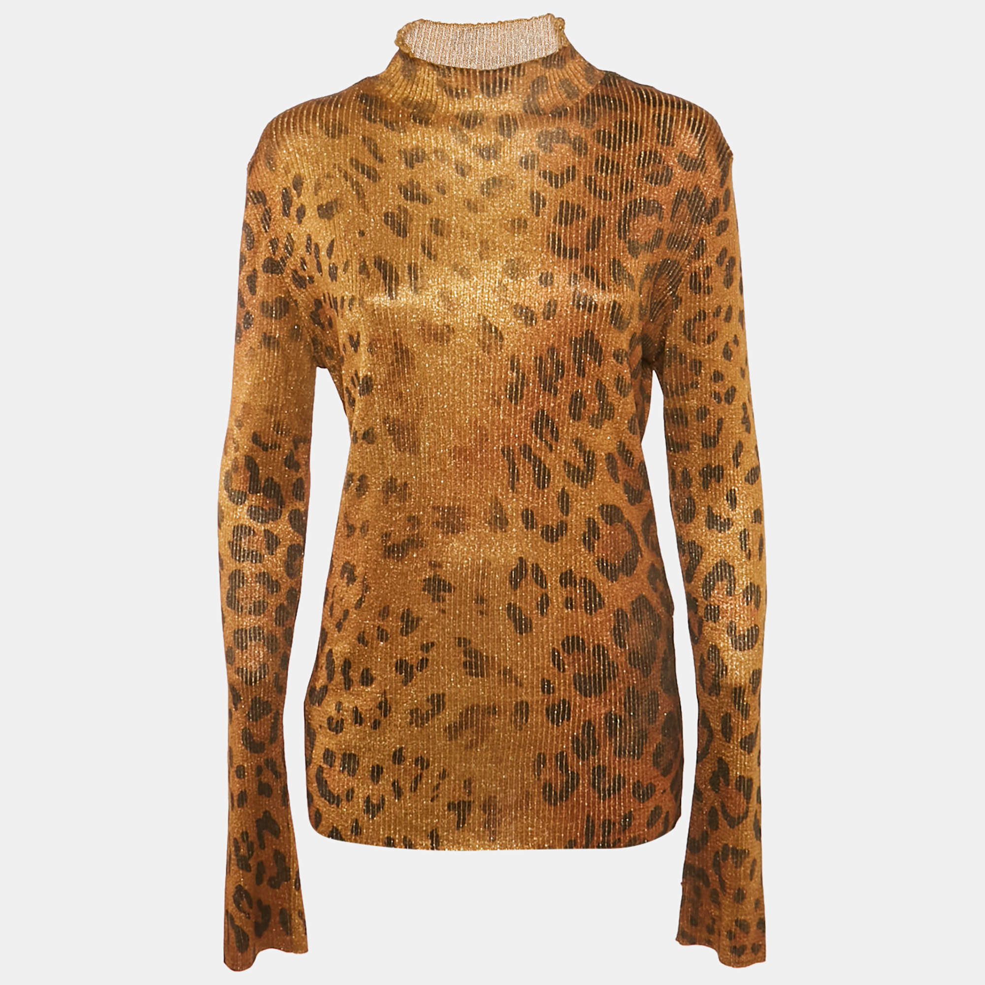 Pre Owned Gianni Versace Brown/Gold Leopard Print Shimmer Rib Knit Pullover XL
