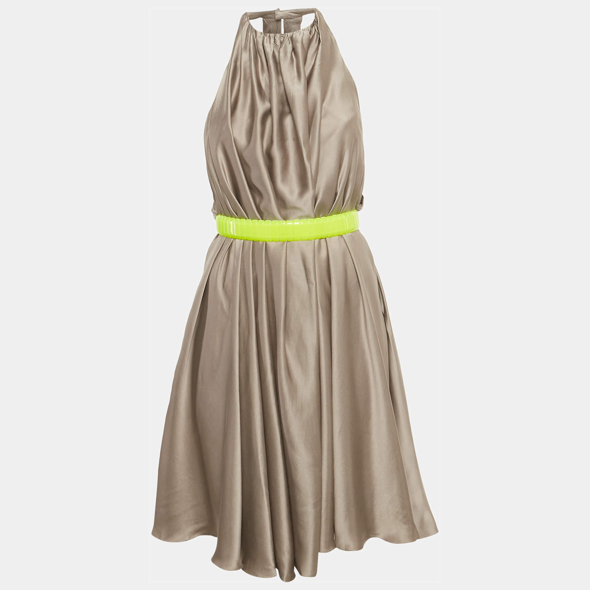 Pre Owned Versace Grey Silk Belted Halter Neck Mini Dress S