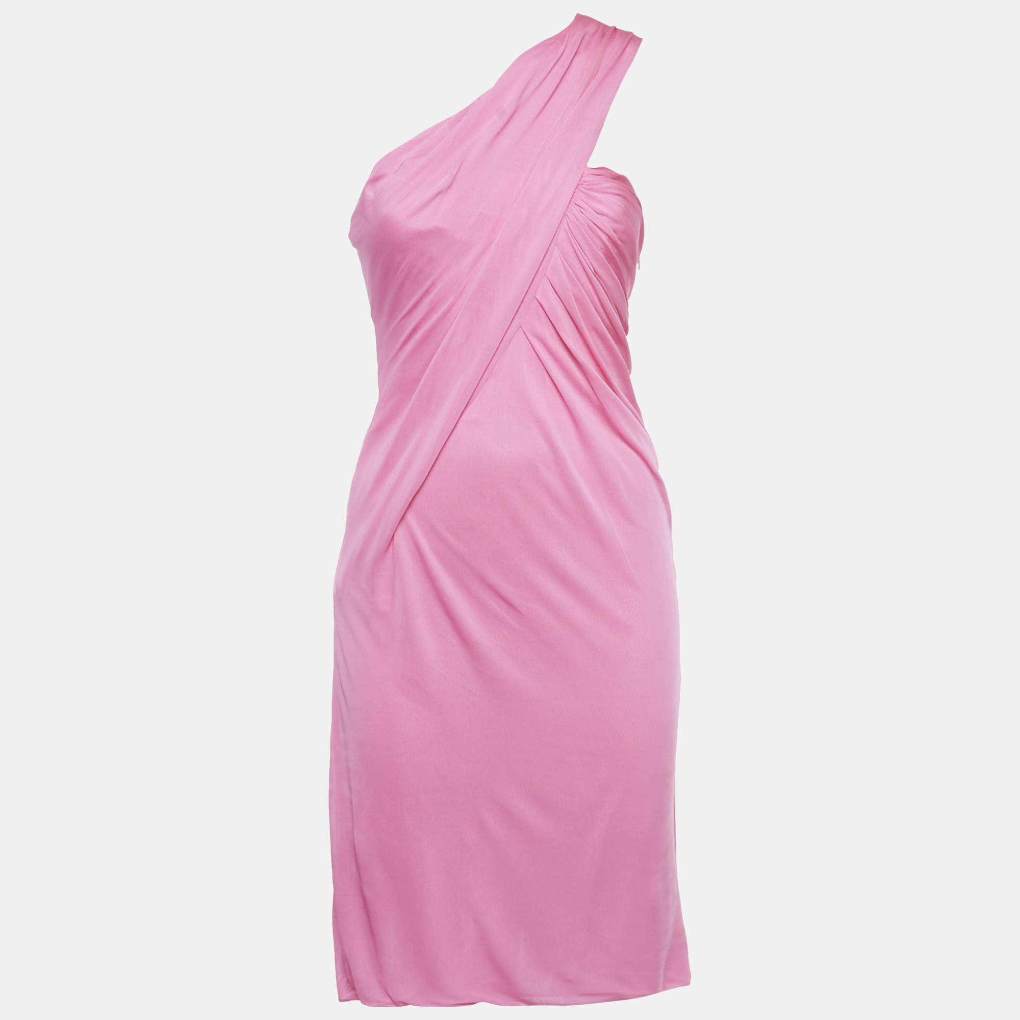 Pre Owned Versace Pink Jersey Draped Strapless Mini Dress S
