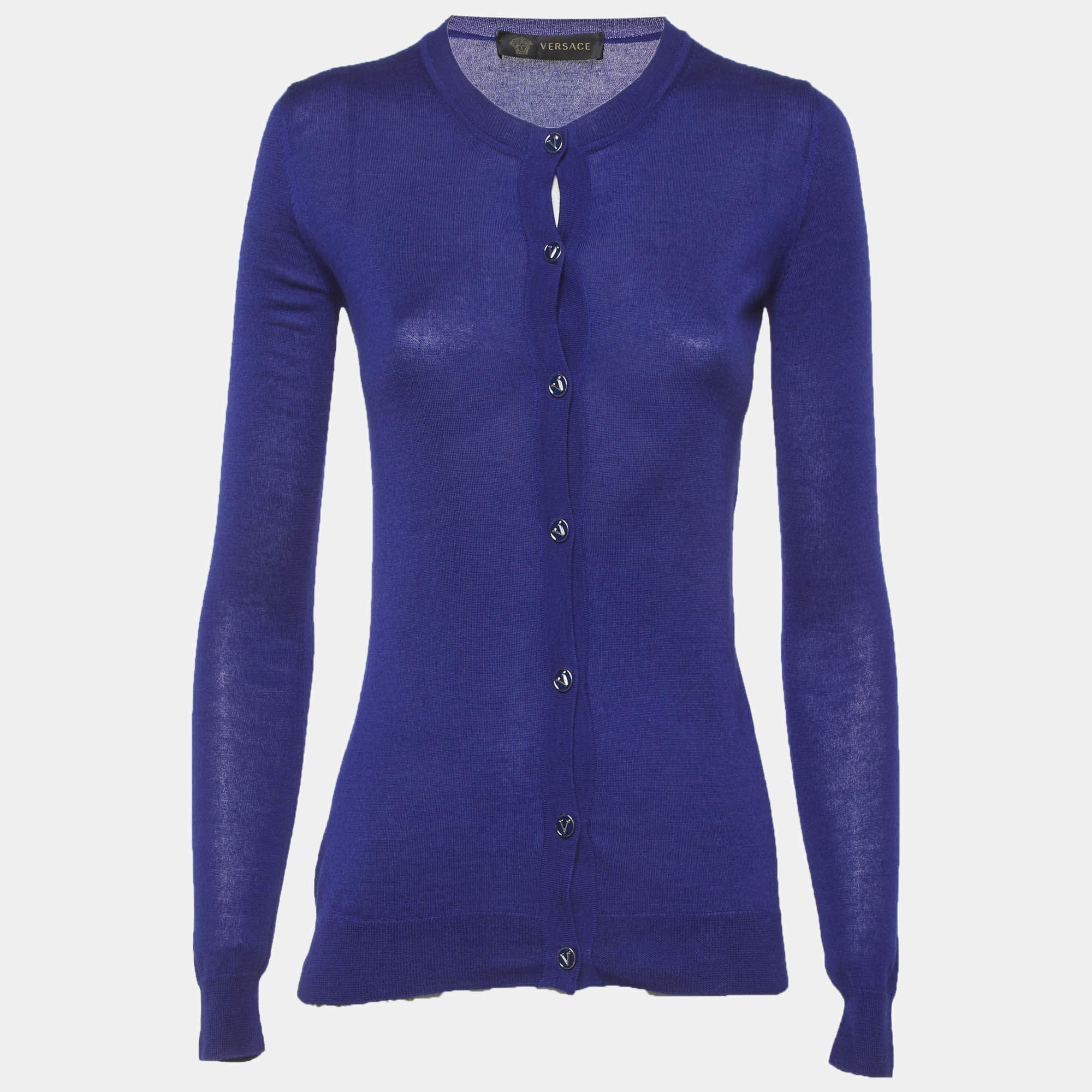 Pre Owned Versace Blue Cashmere Button Front Cardigan S