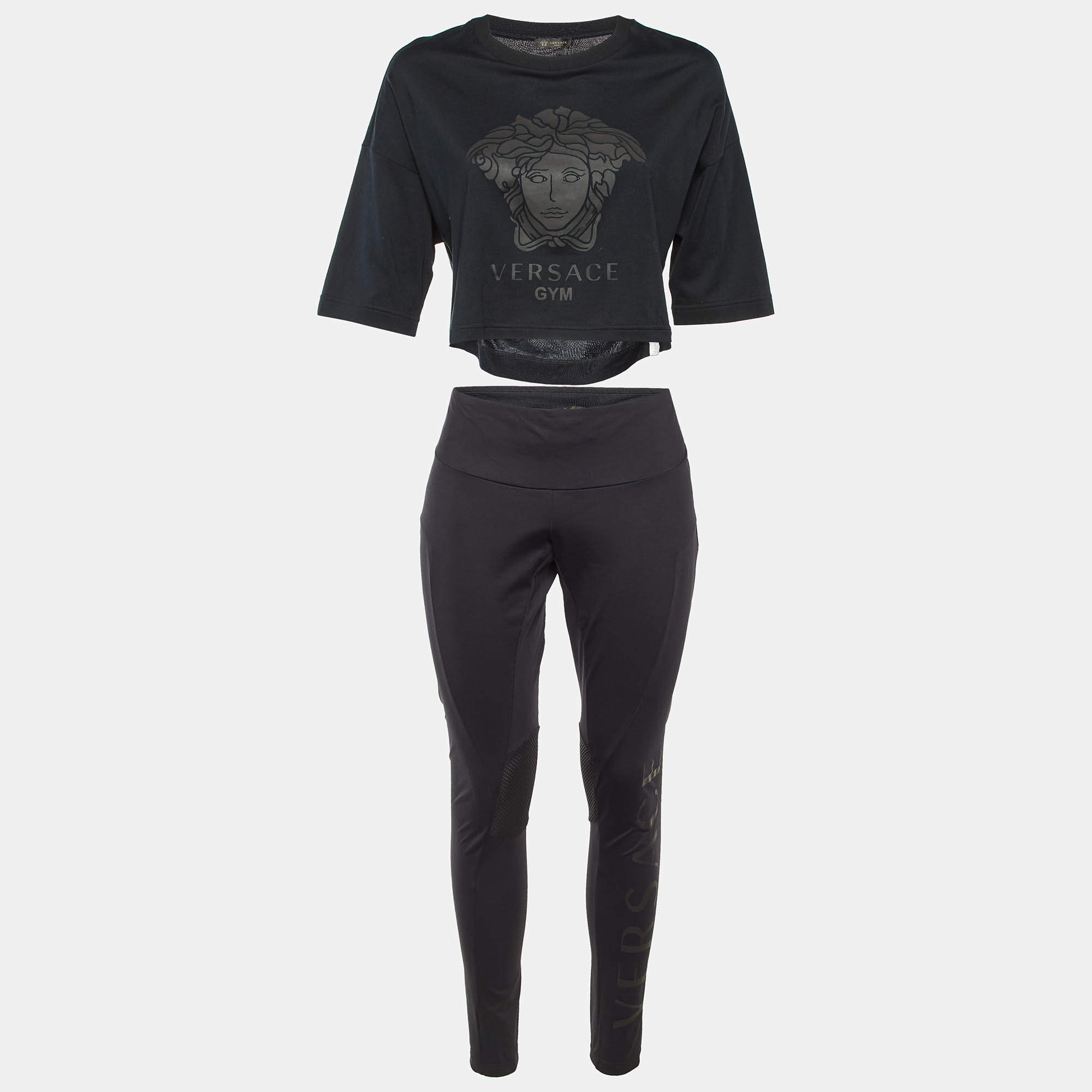 Pre Owned Versace Underwear Black Cotton & Jersey Gym Top/Leggings Set M