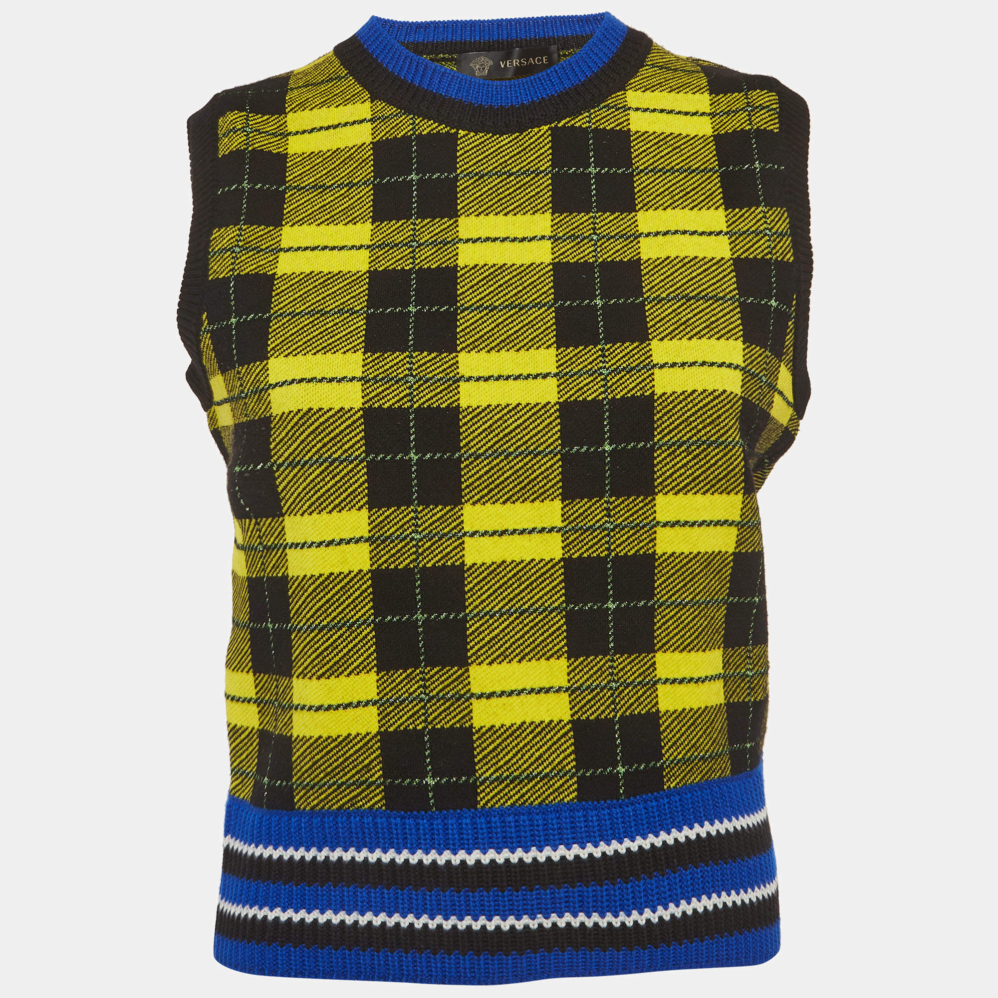 Pre Owned Versace Yellow/Black Plaid Knit Vest Sweater M