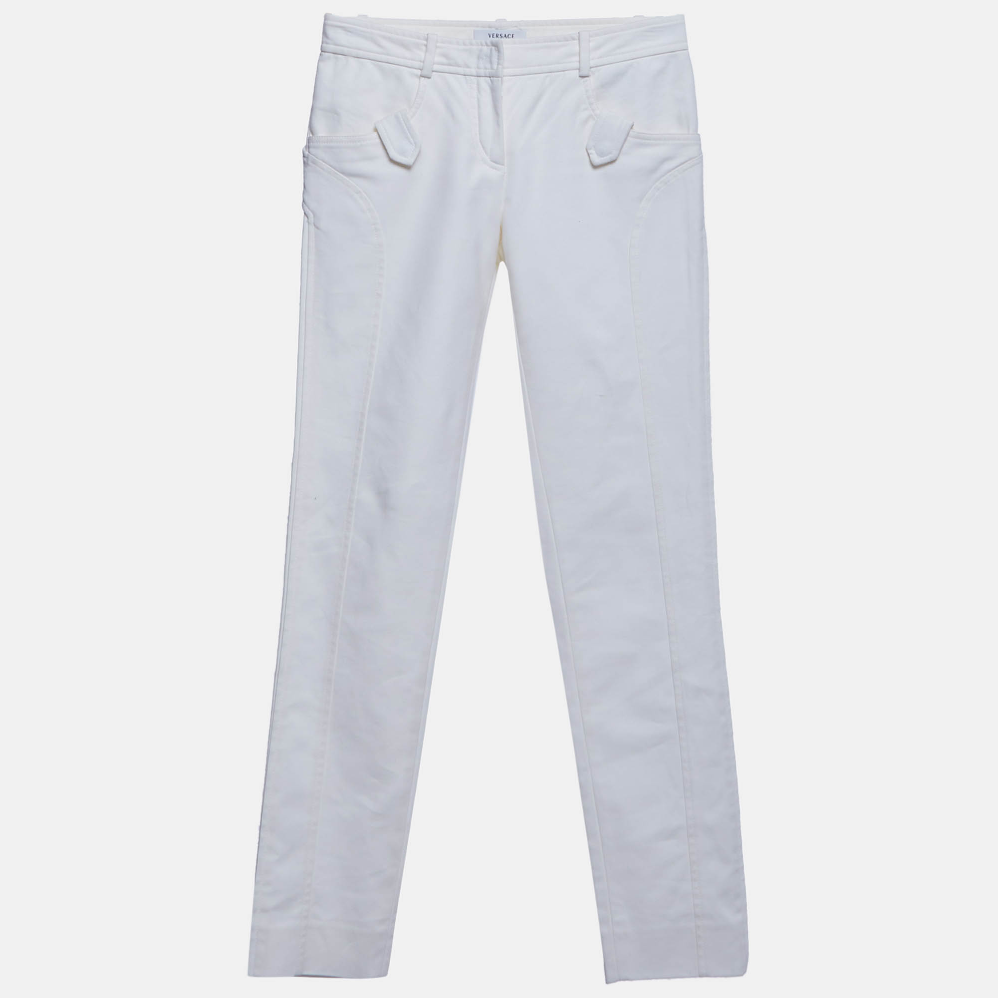 مملوكة مسبقًا Versace Off-White Cotton Blend Straight Fit Pants S