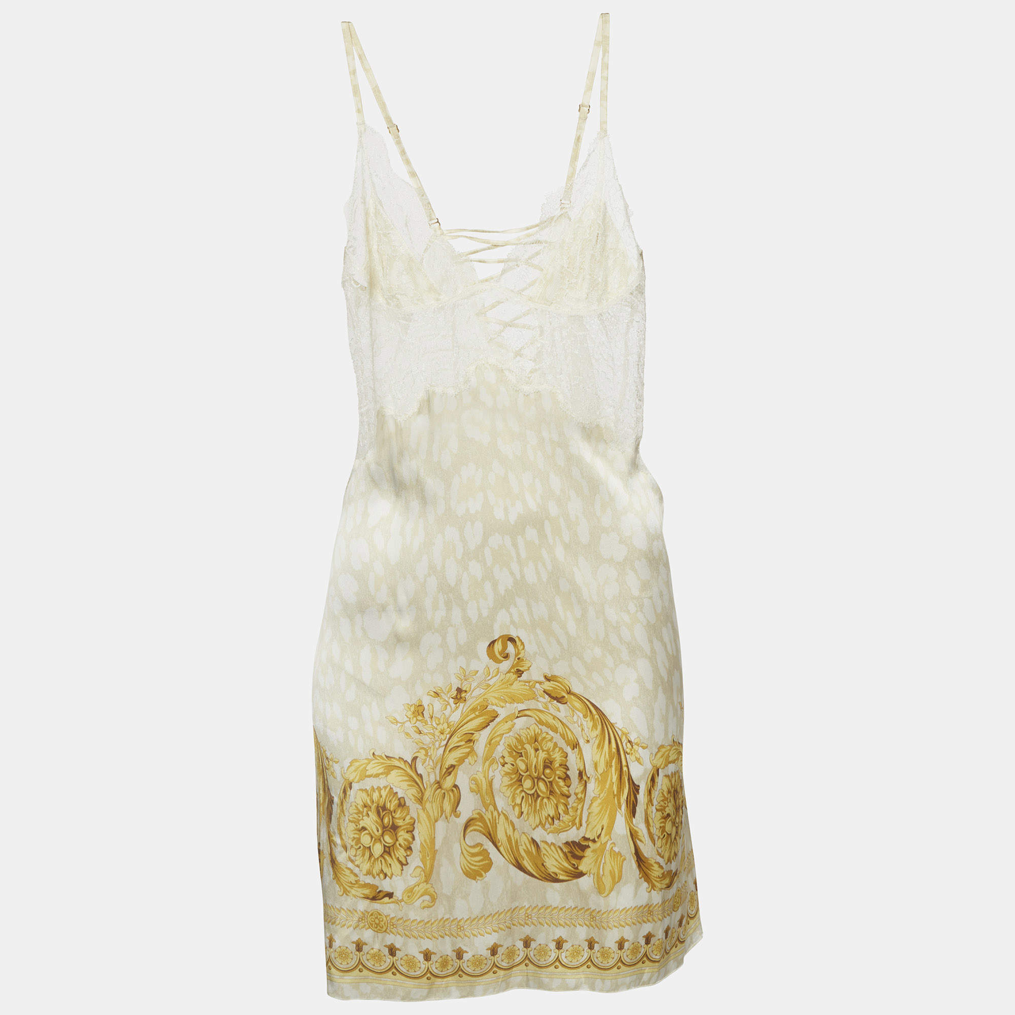 مملوكة مسبقًا Versace White /Gold Baroque Print Silk Lace Trim Camisole S