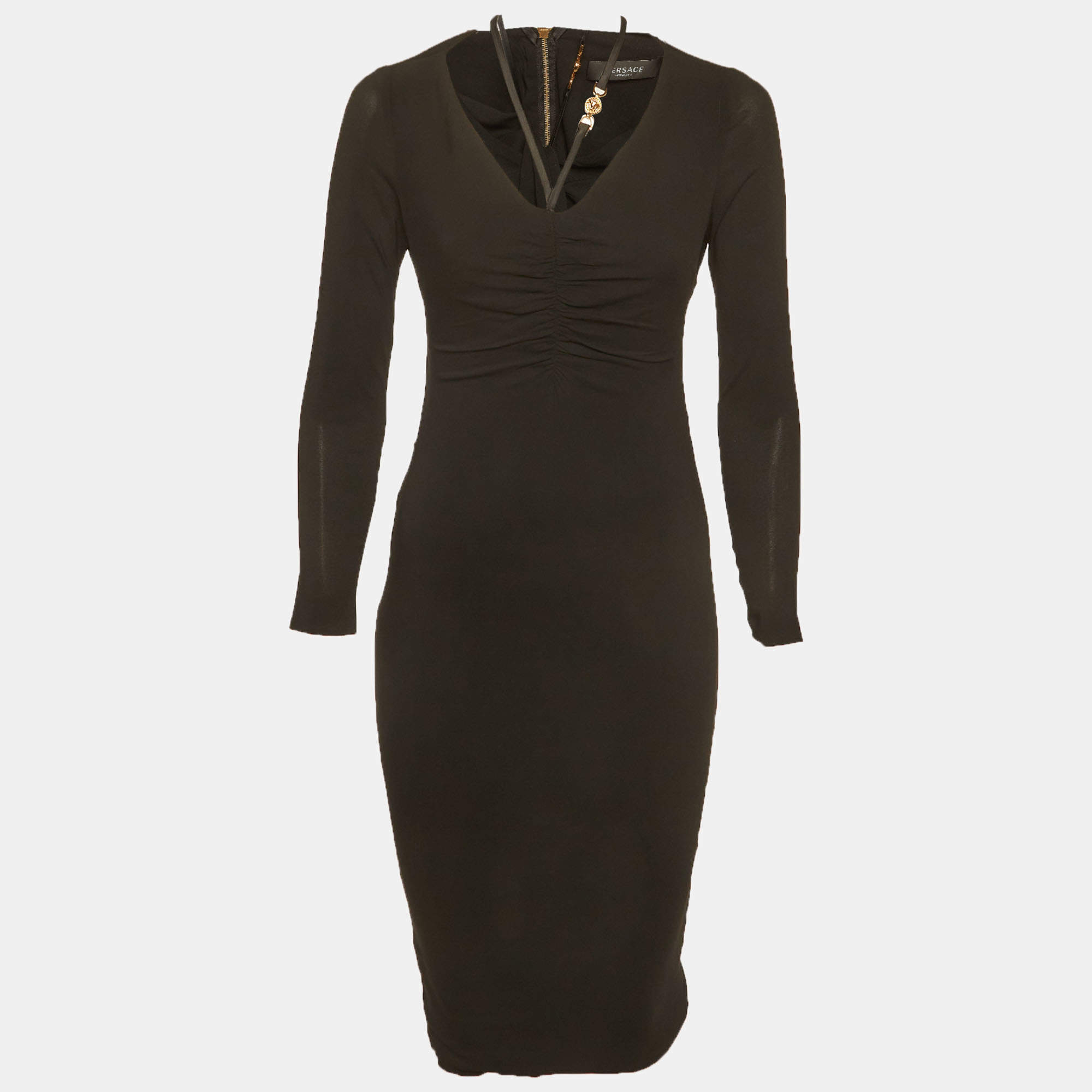 Pre Owned Versace Black Crepe Medusa Detail Ruche Midi Dress S