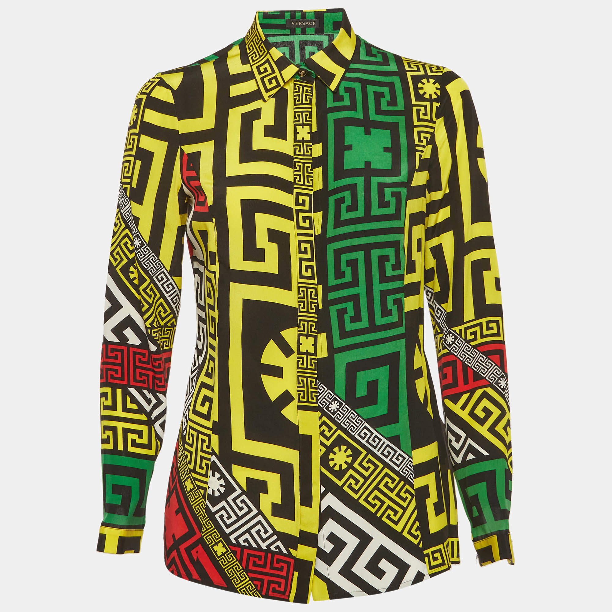 Pre Owned Versace Multicolour Geometric Greek Print Silk Long Sleeve Shirt S