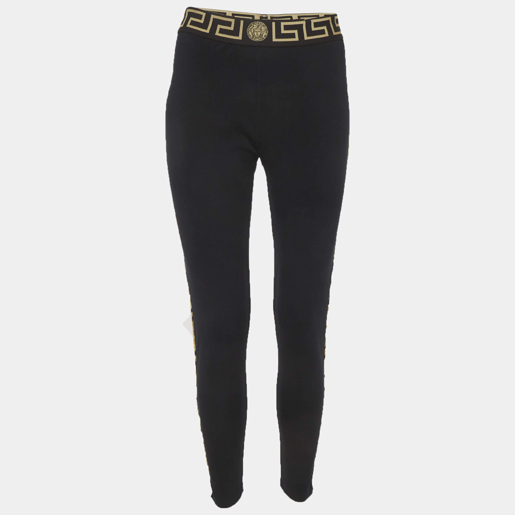 Pre Owned Versace Black Grecca Border Waistband Jersey Gym Leggings S