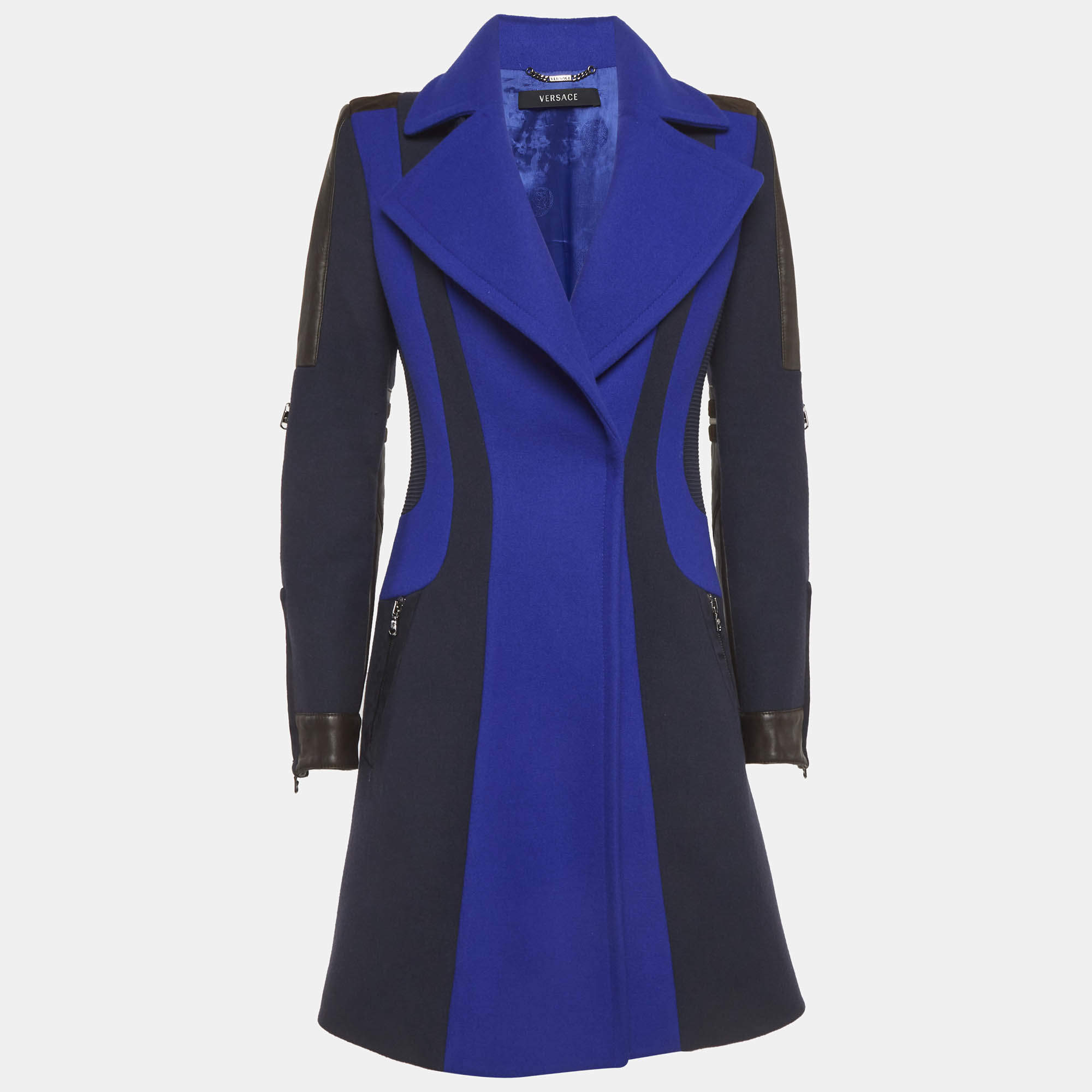 Pre Owned معطف فيرساتشي لباد وجلد أزرق مقاس متوسط (ميديم)