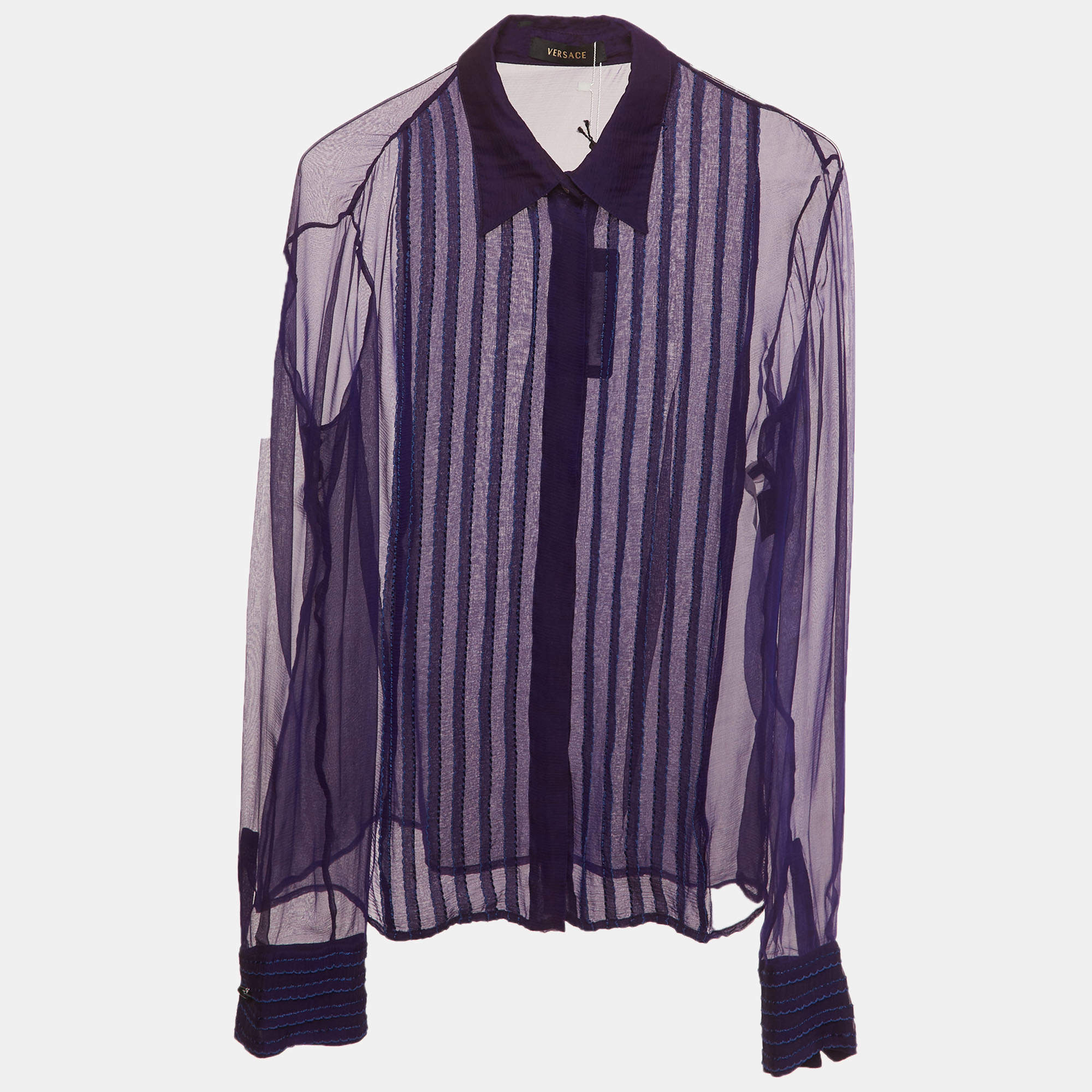 Pre Owned Versace Purple Sheer Silk Chiffon Embroidered Pin Tuck Shirt L