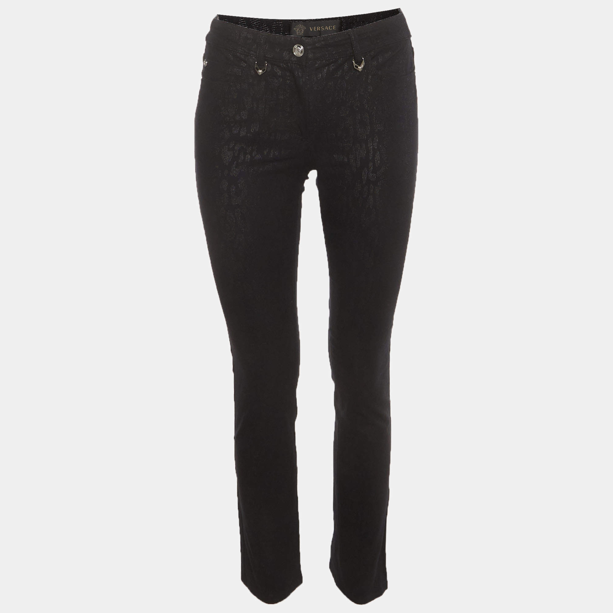 Pre Owned Versace Black Metallic Leopard Print Stretch Denim Slim Fit Jeans S/Waist26"
