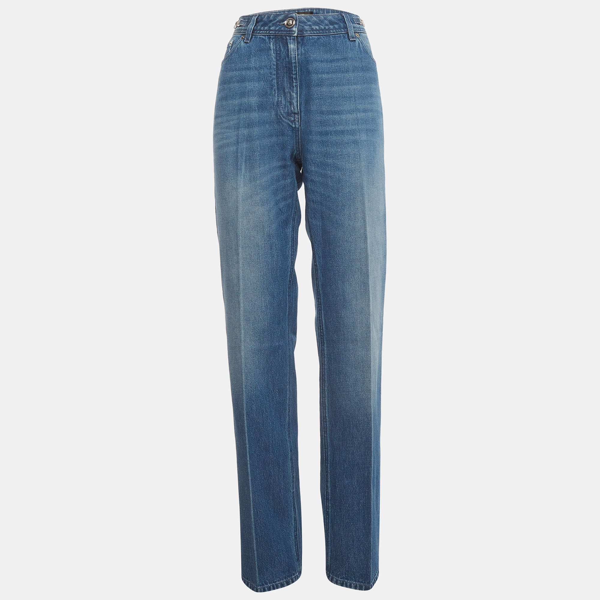 Pre Owned Versace Blue Medusa Detail Straight-Leg Jeans M/Waist 29"