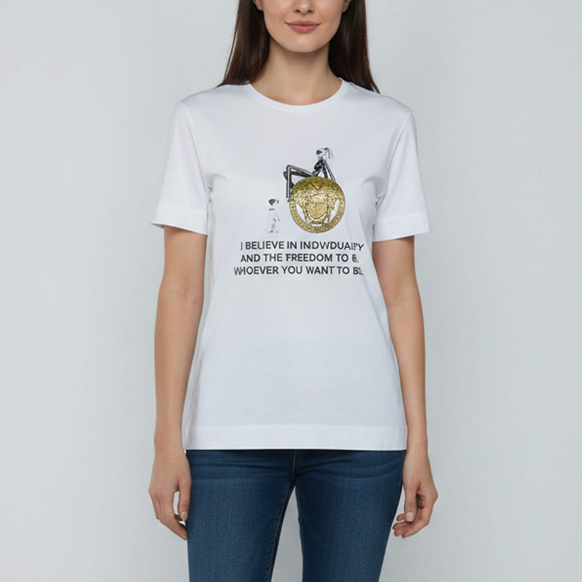 Pre Owned Versace White 'I Believe In Individuality' Medusa Print Cotton T-Shirt S