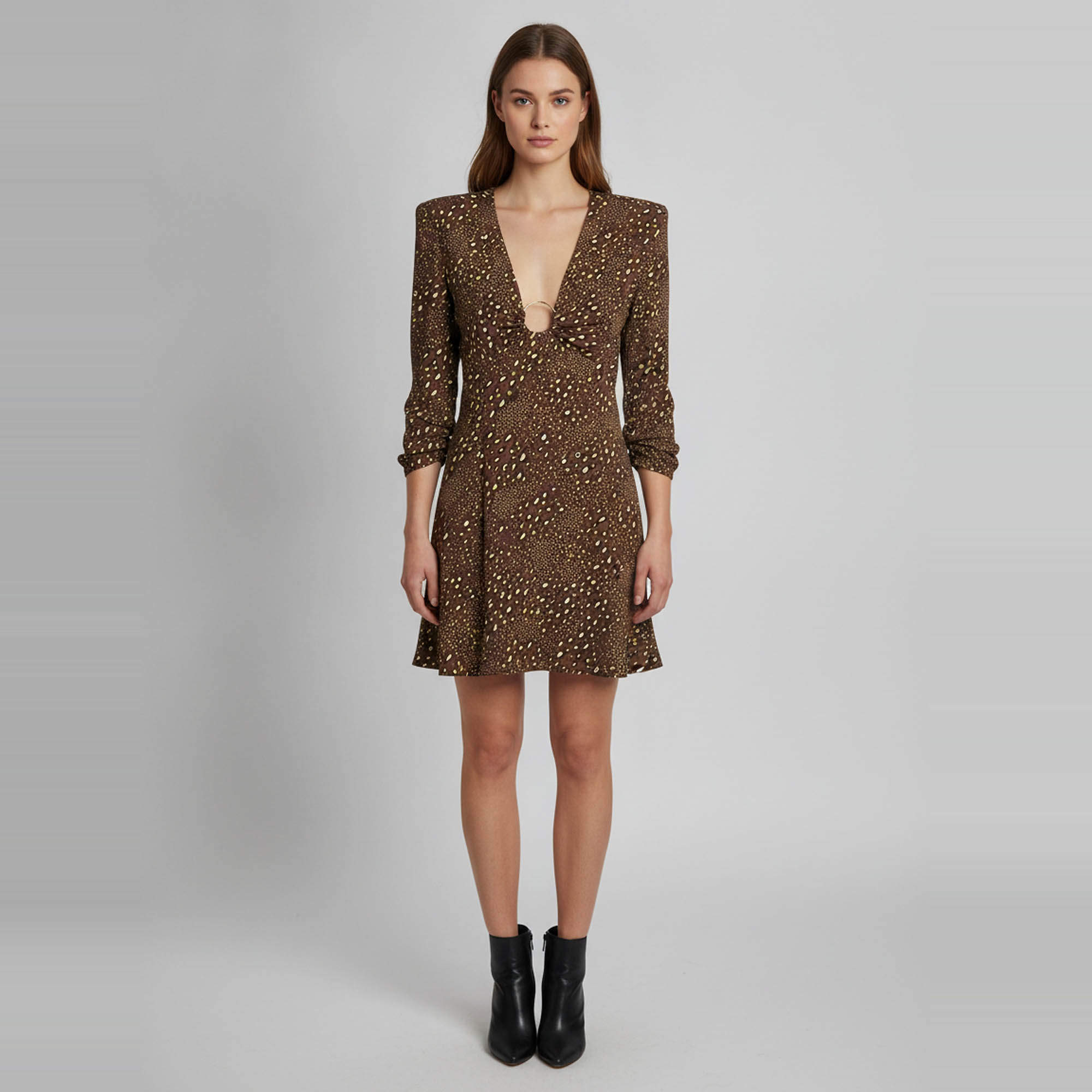 Pre Owned Versace Brown Leopard Print Crepe Flared Mini Dress M