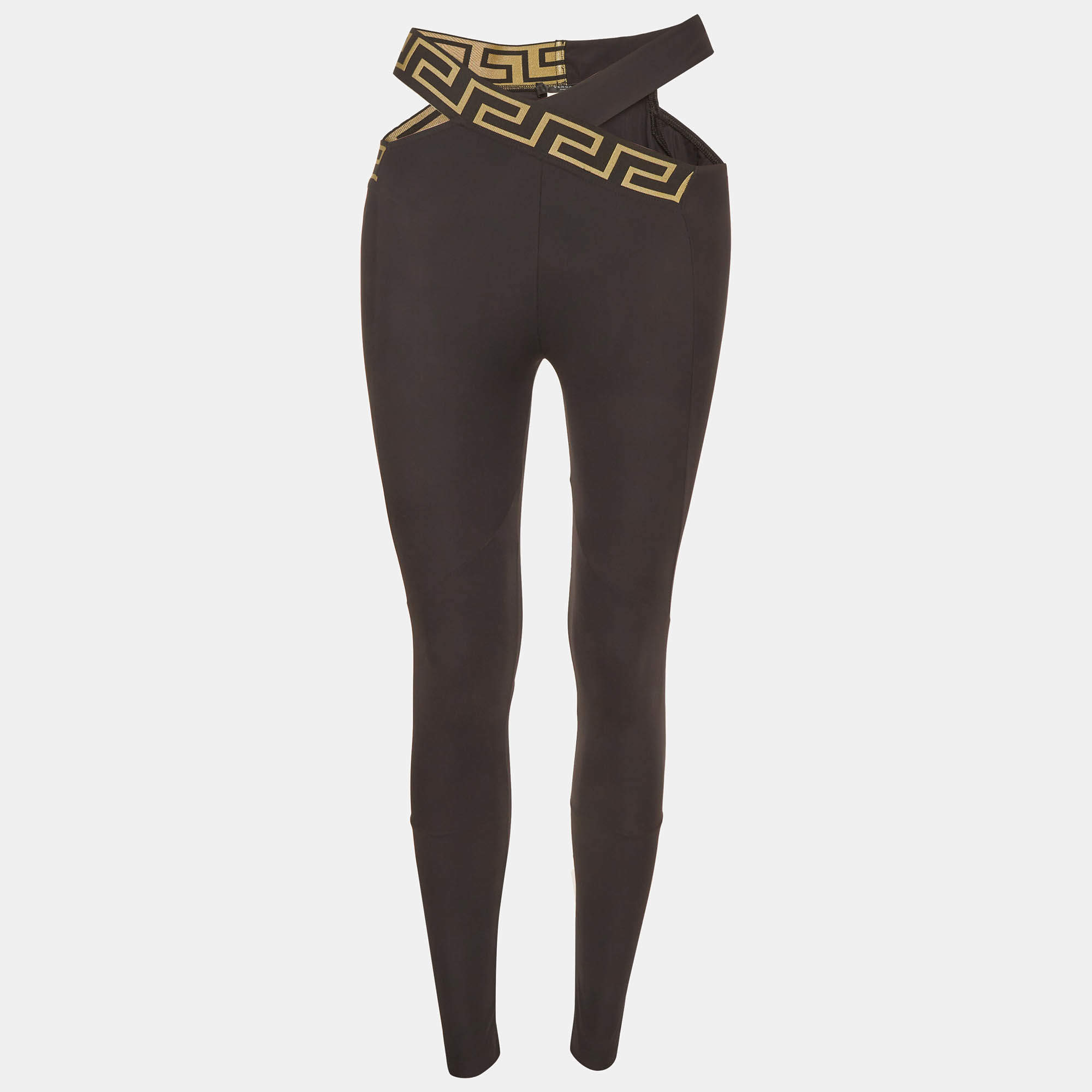 Pre Owned Versace Black Greca Patterned Jersey Cut-Out Leggings S