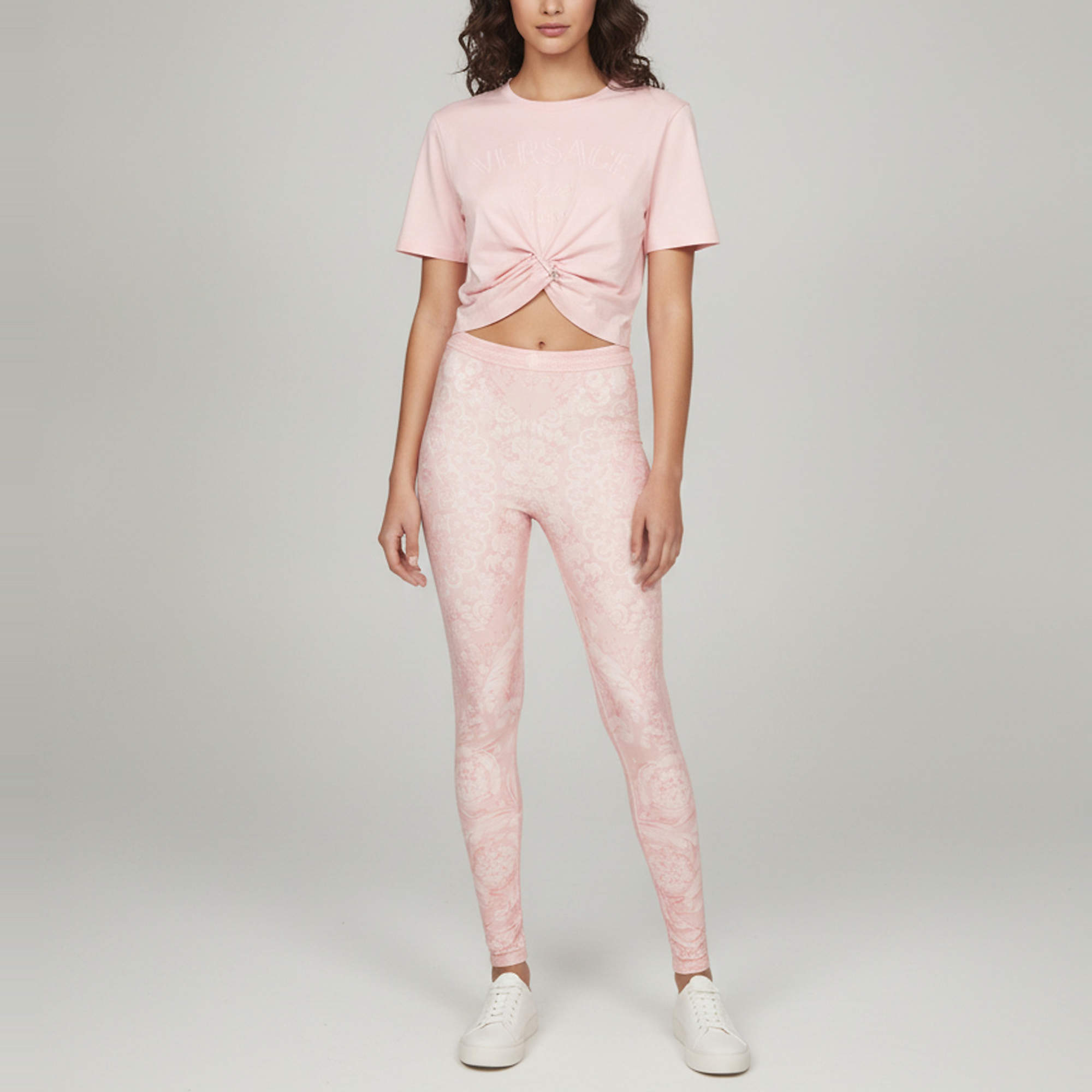 Pre Owned Versace Pink Logo Embroidered Jersey Knotted T-Shirt and Leggings Set S