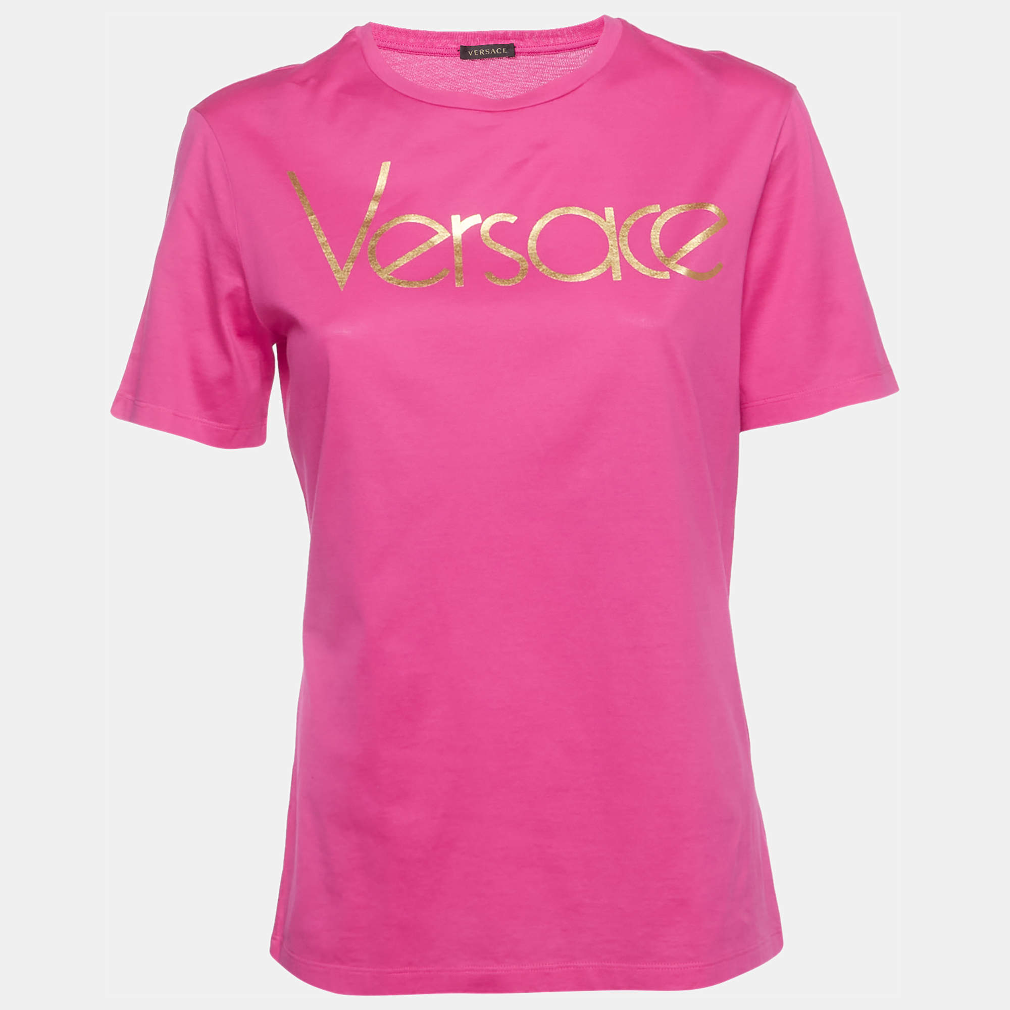 Pre Owned Versace Pink Logo Print Jersey Crewneck T-Shirt S