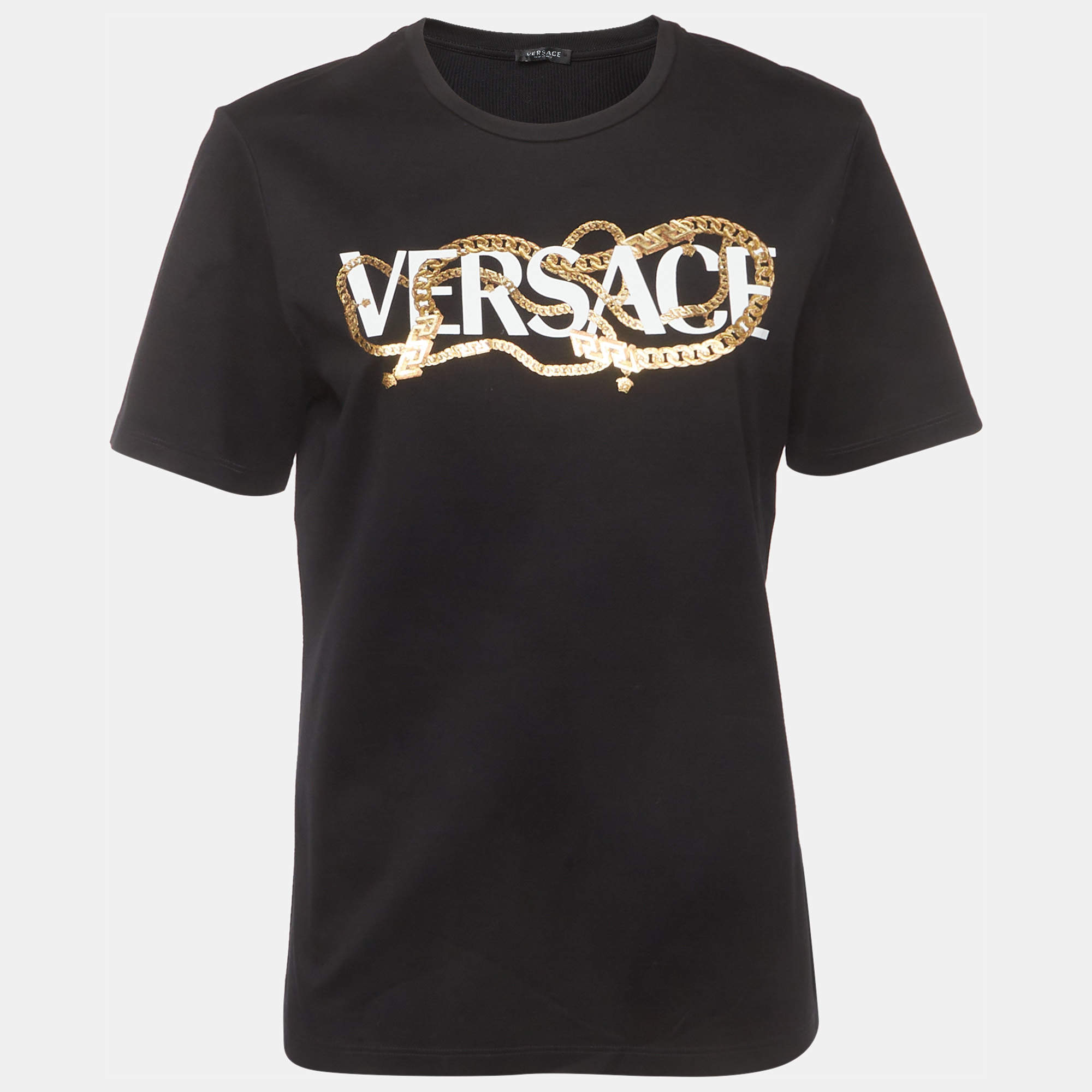 Pre Owned Versace Black Logo Chain Necklace Print Cotton Crewneck T-Shirt M