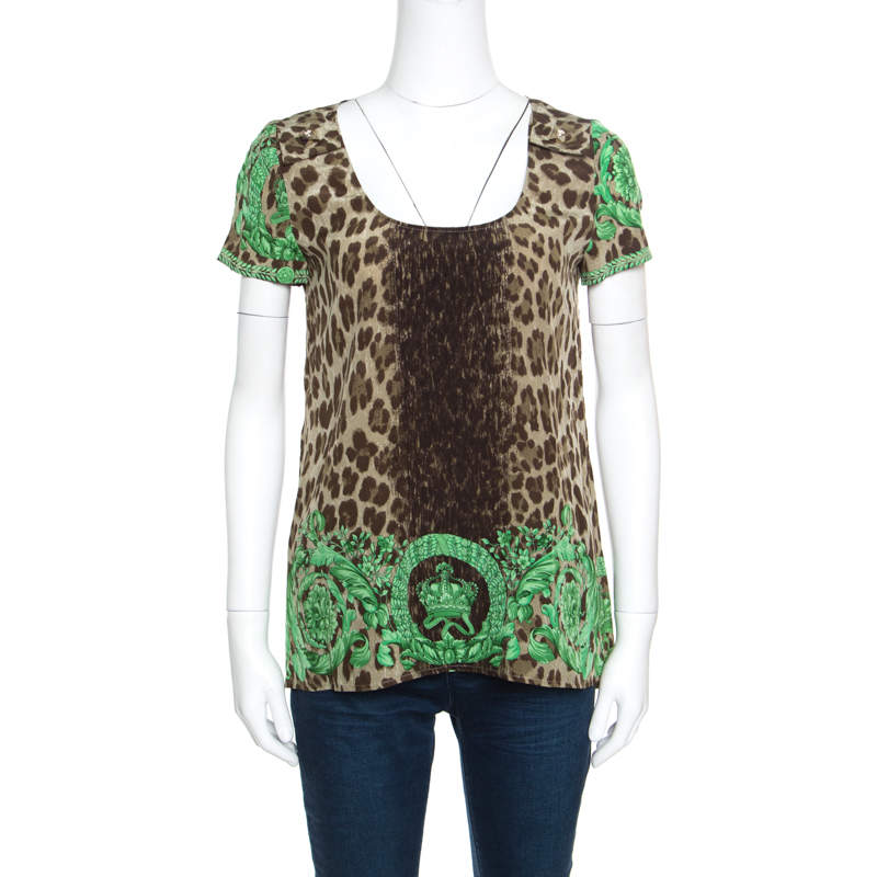 Versace Leopard and Baroque Printed Silk Shoulder Rivet Detail Top S