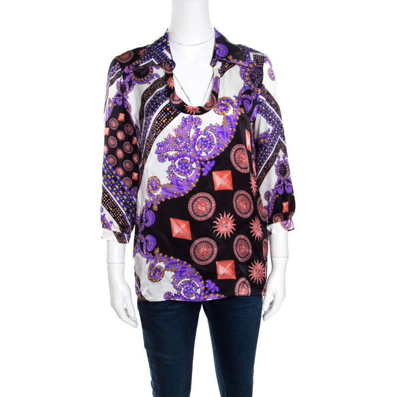 Versace Collection Multicolor Sun and Crystals Motif Printed Silk Blouse M