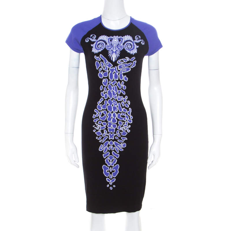 Versace Collection Black and Purple Jacquard Knit Fitted Cap Sleeve Dress M