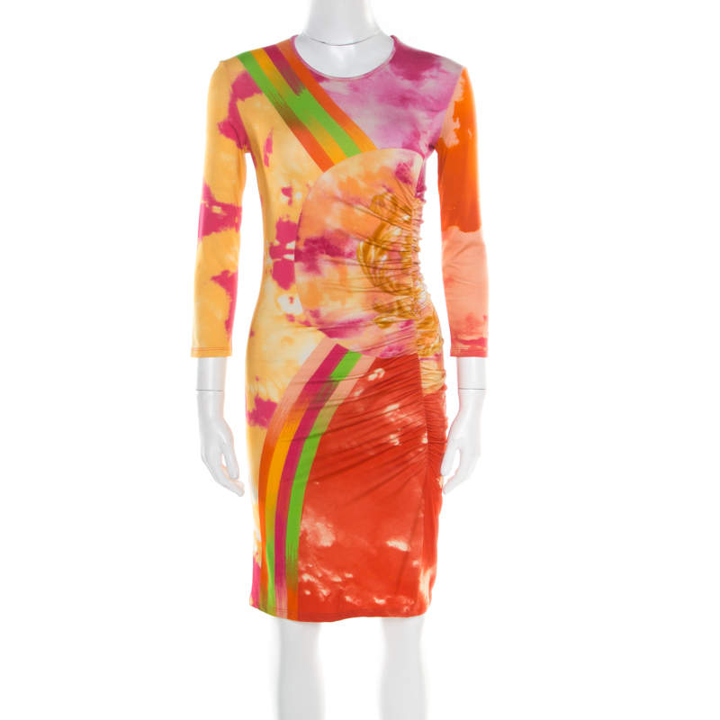 Versace Multicolor Baroque Printed Jersey Ruched Dress S